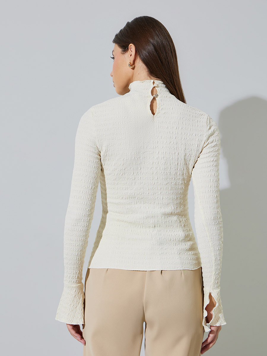 Cream Textured High Neck Knit Top