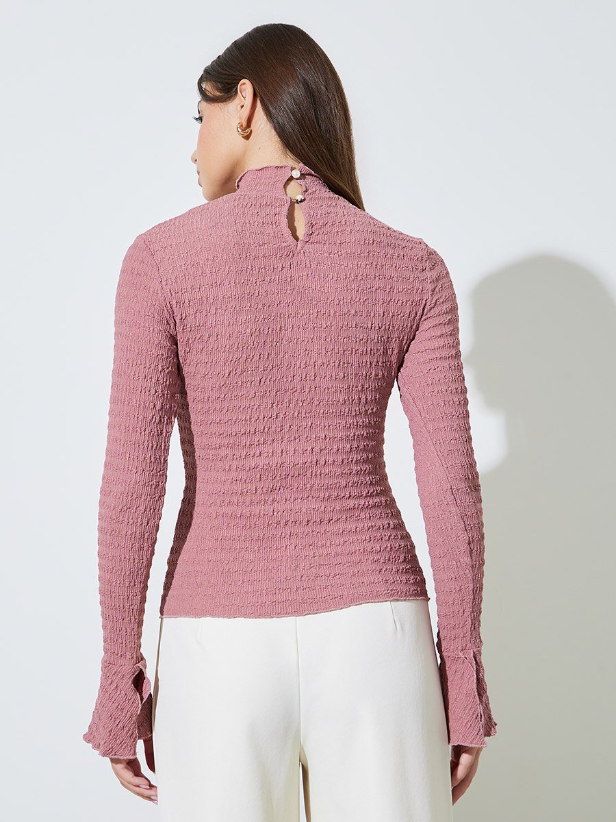 Pink Textured High Neck Knit Top