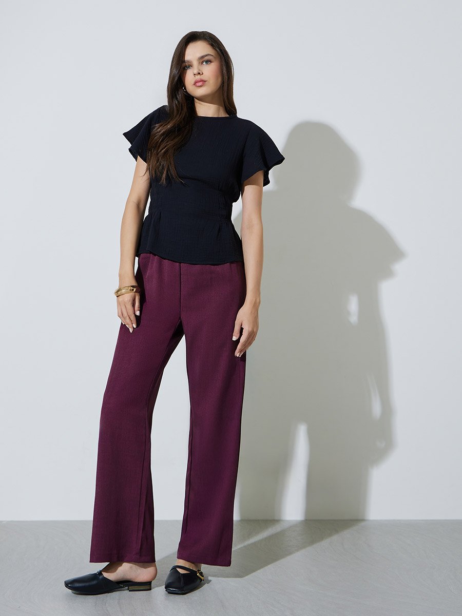 Black Flutter Sleeve Casual Blouse