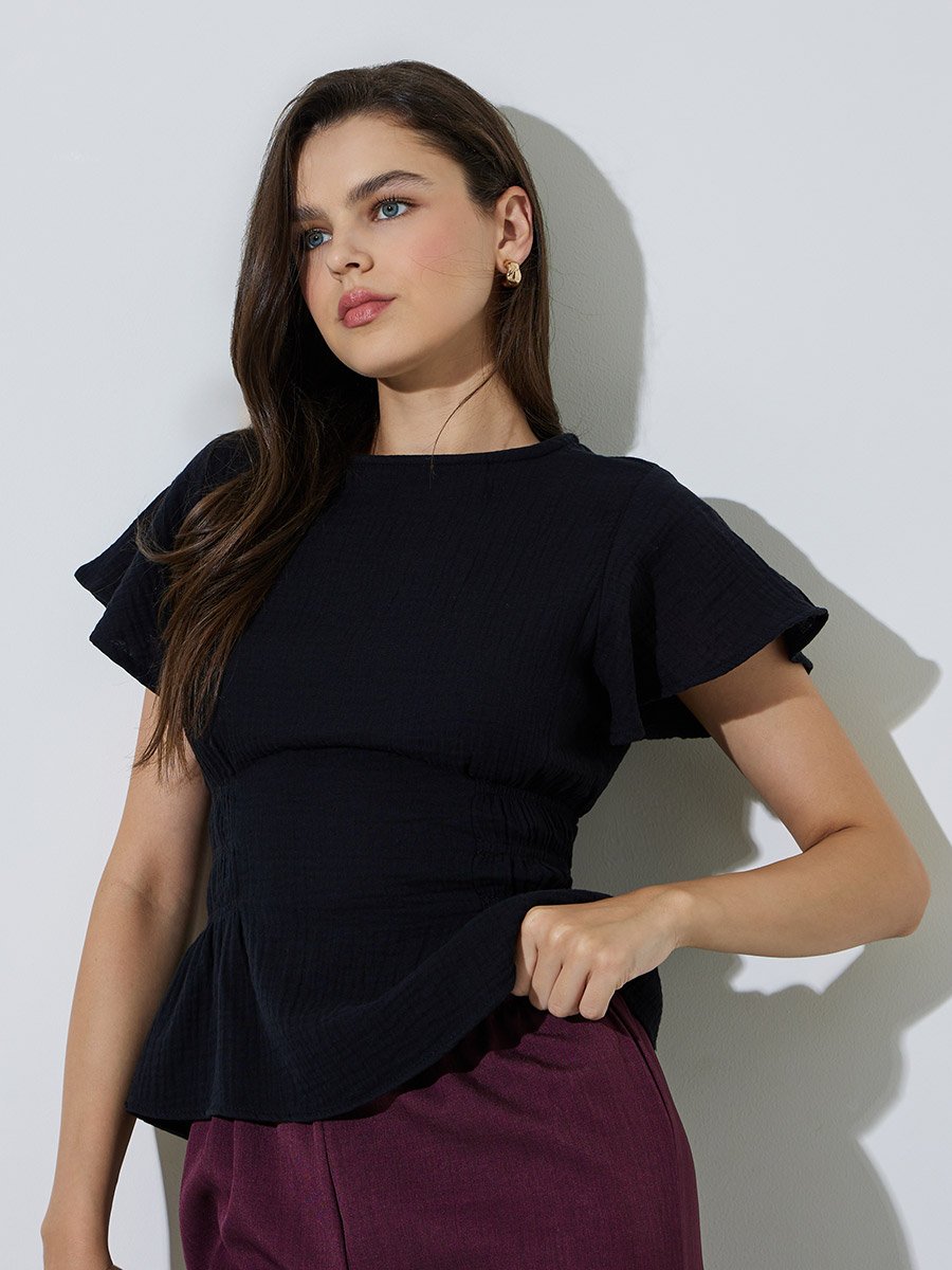 Black Flutter Sleeve Casual Blouse