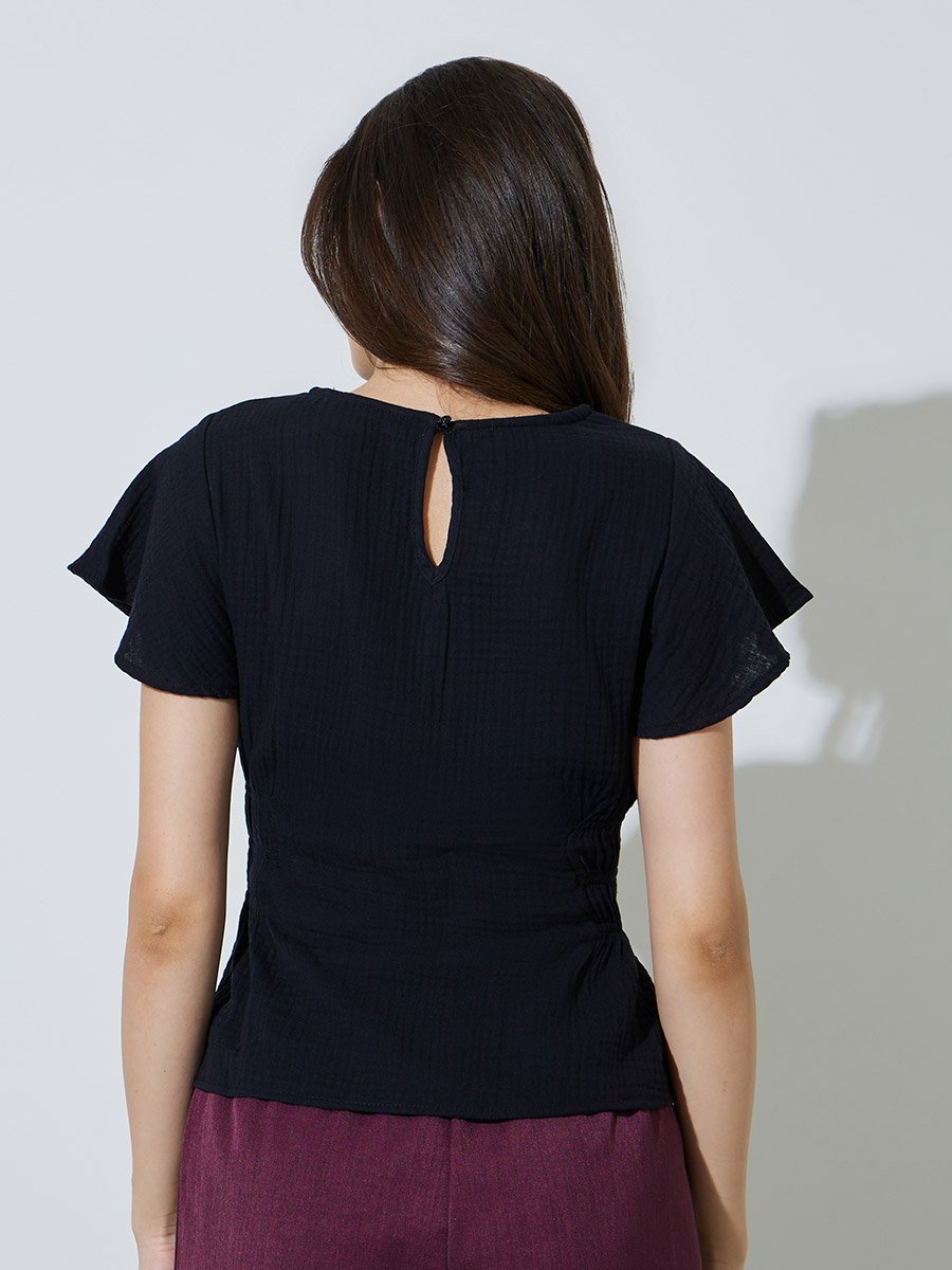 Black Flutter Sleeve Casual Blouse