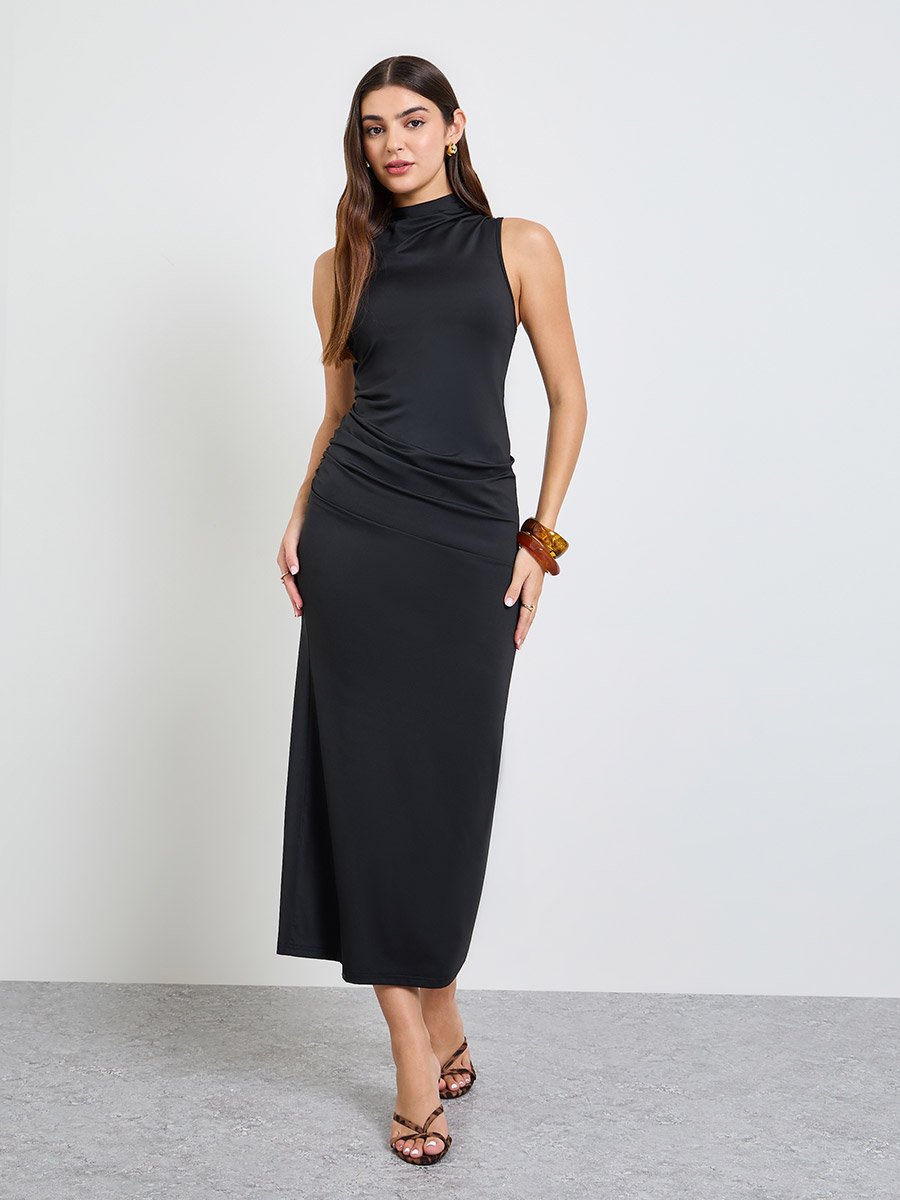 Black Sleeveless Mock Neck Maxi Dress