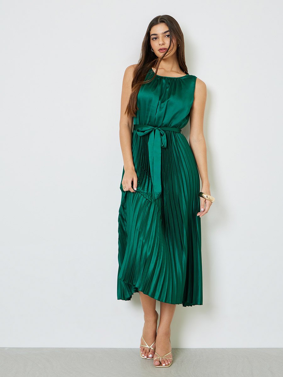 Green Satin Pleated Midi Dress with Tie Waist