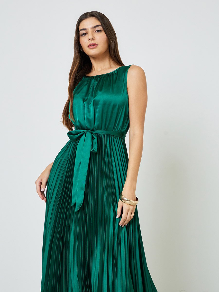 Green Satin Pleated Midi Dress with Tie Waist