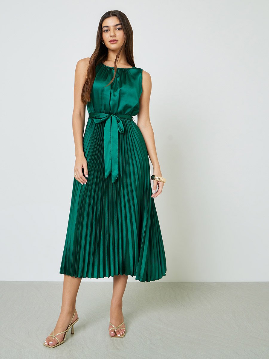Green Satin Pleated Midi Dress with Tie Waist