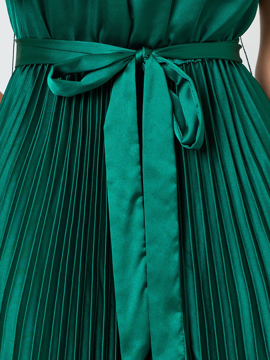 Green Satin Pleated Midi Dress with Tie Waist