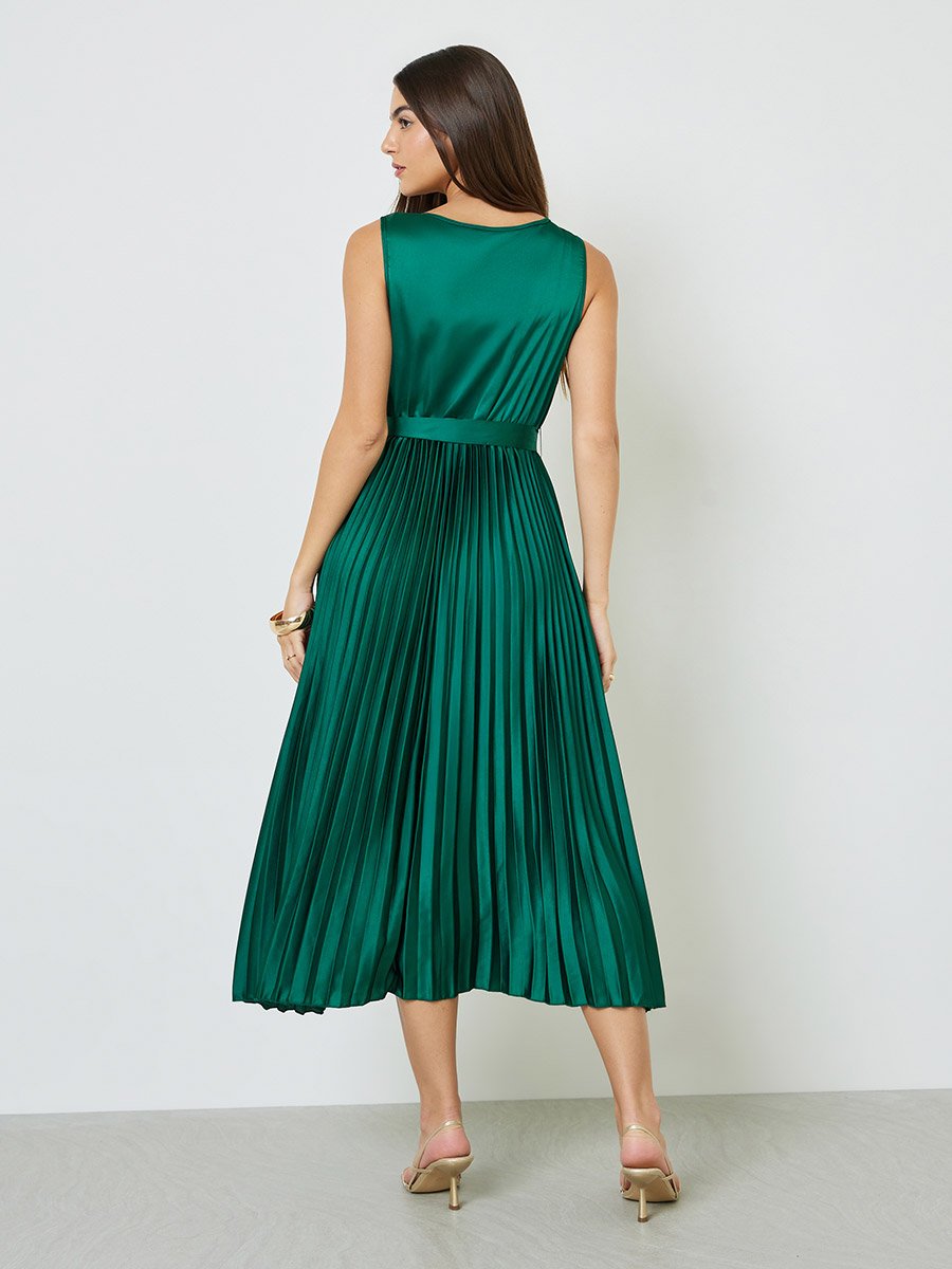 Green Satin Pleated Midi Dress with Tie Waist