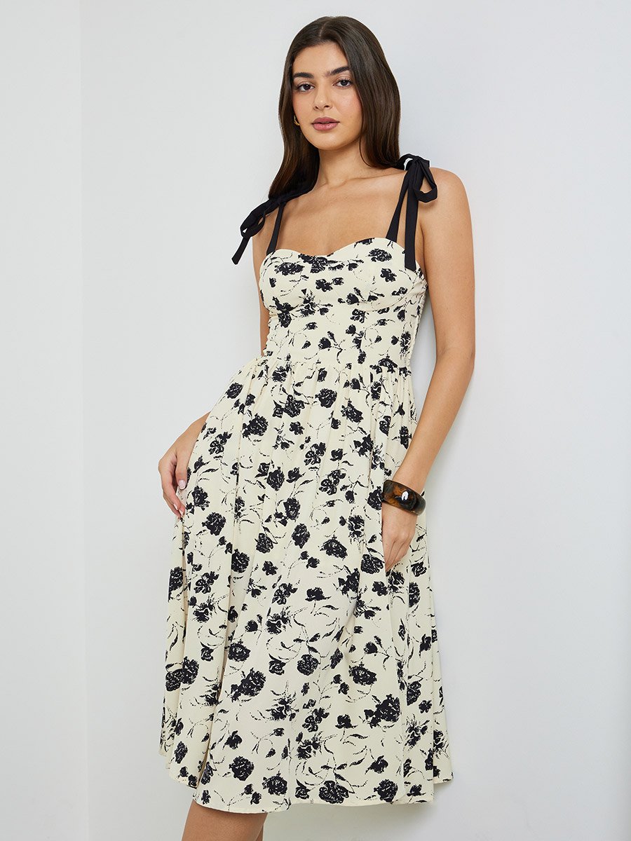 Beige Floral Print Tie-Strap Midi Dress