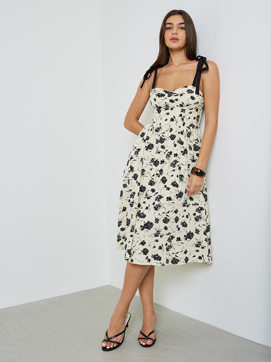 Beige Floral Print Tie-Strap Midi Dress