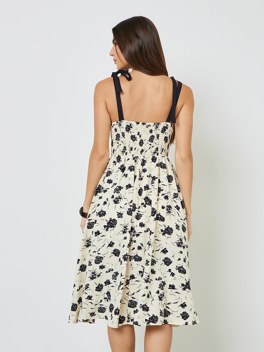 Beige Floral Print Tie-Strap Midi Dress