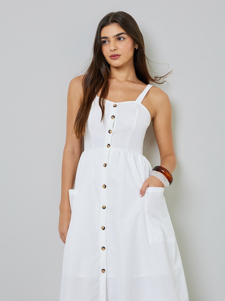 White Button Front Midi Dress with Patch Pocket