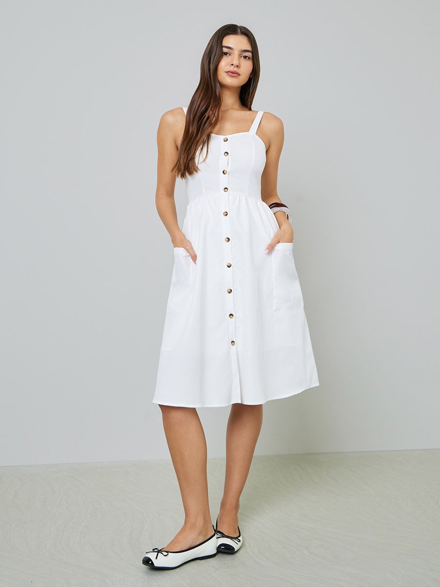 White Button Front Midi Dress with Patch Pocket