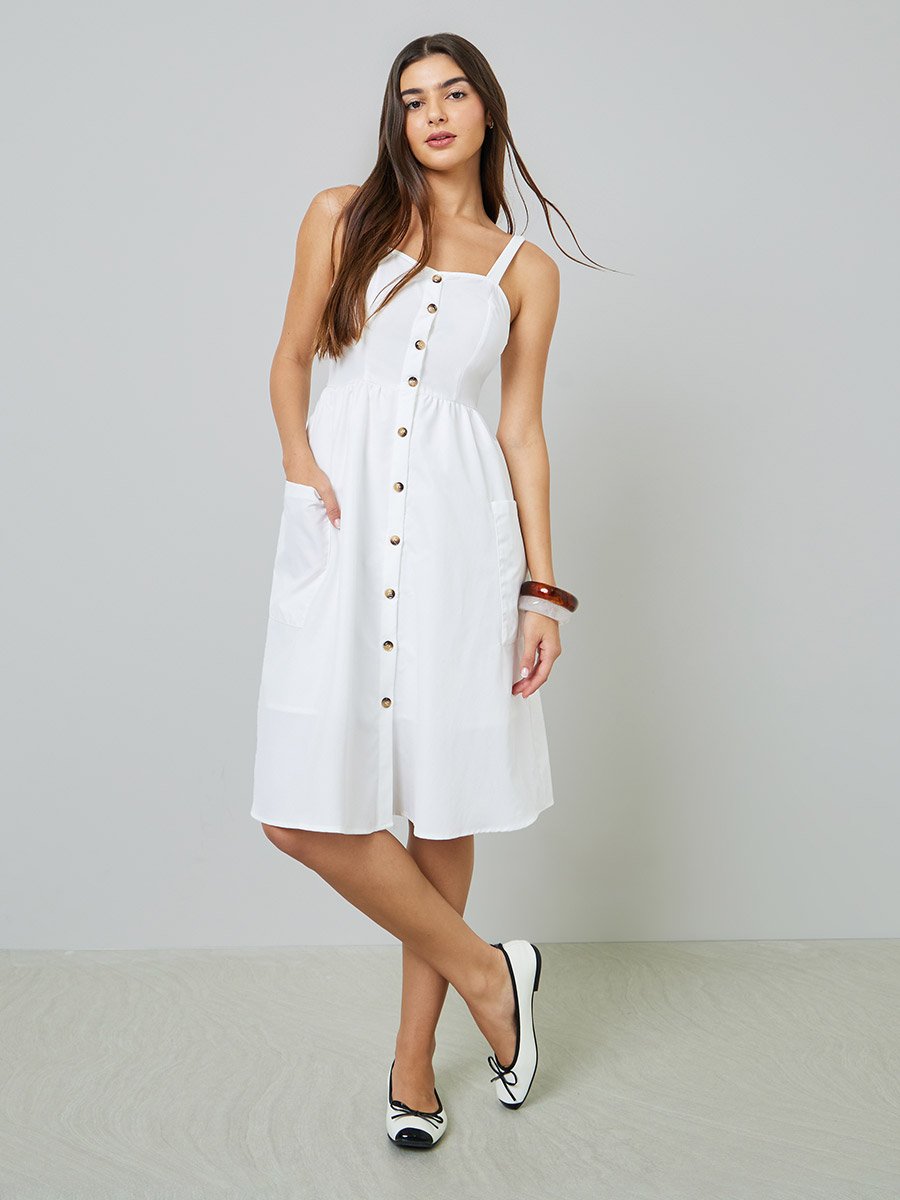 White Button Front Midi Dress with Patch Pocket