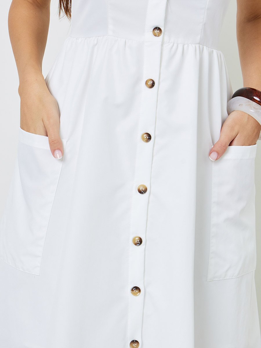 White Button Front Midi Dress with Patch Pocket