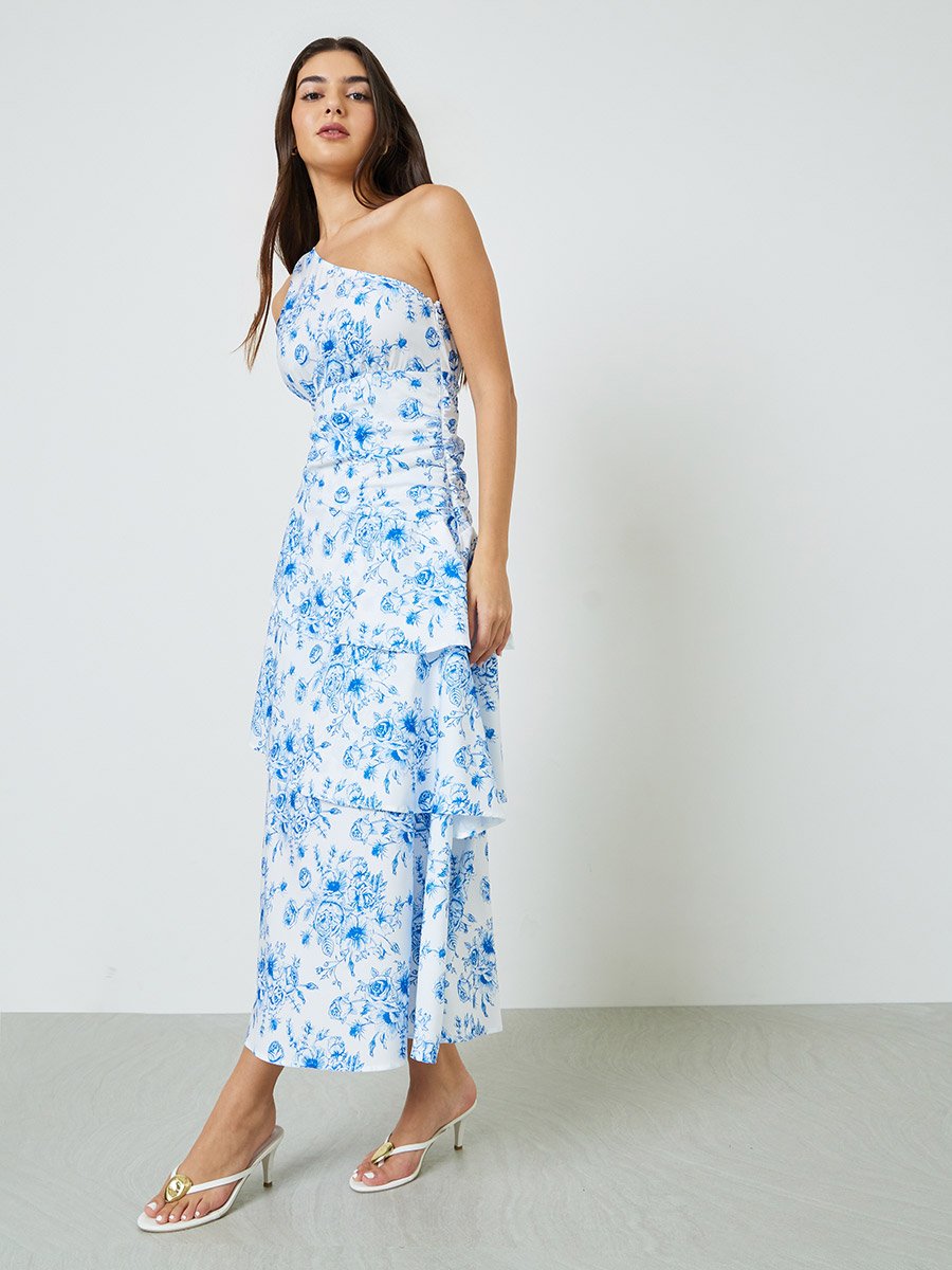 One Shoulder Neck Floral Print Layered Maxi Dress