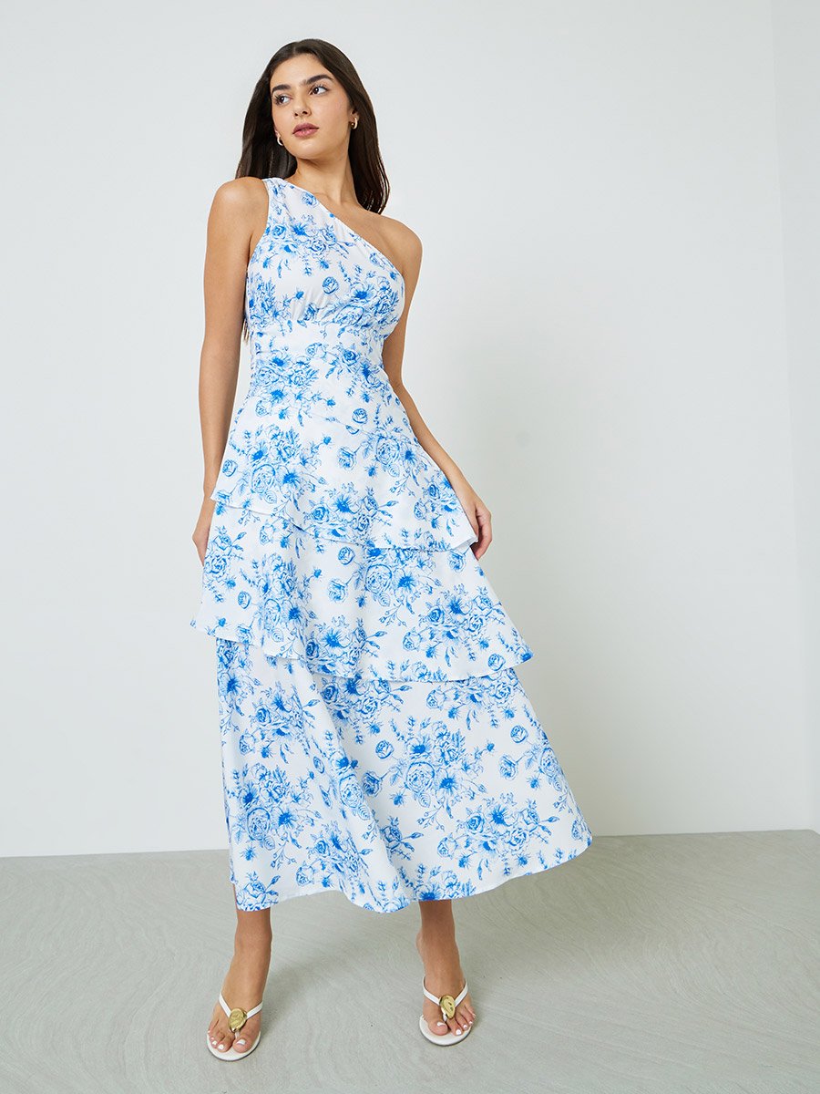 One Shoulder Neck Floral Print Layered Maxi Dress