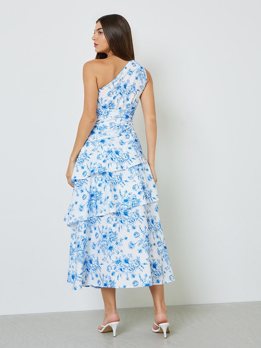 One Shoulder Neck Floral Print Layered Maxi Dress