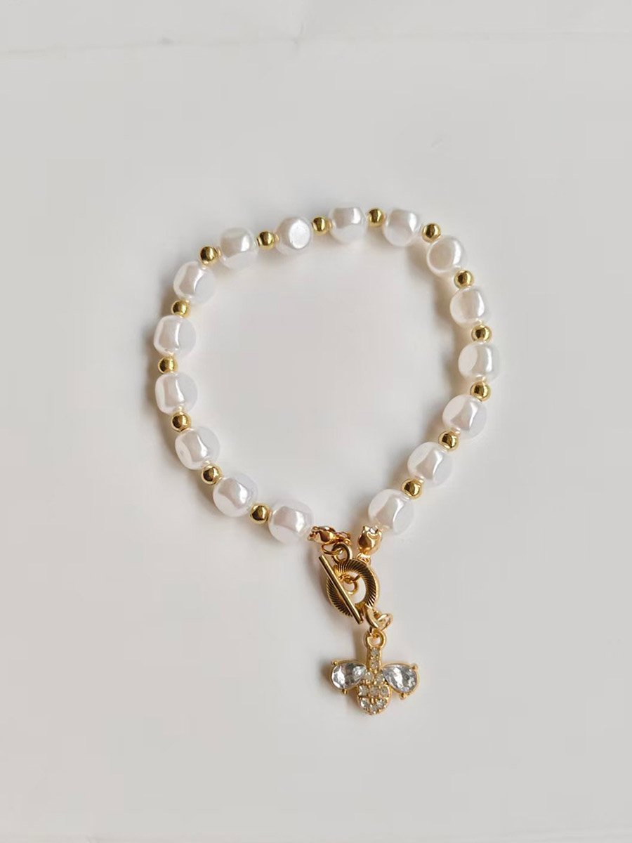 Faux Pearl Embellished Bracelet with Bee Charm