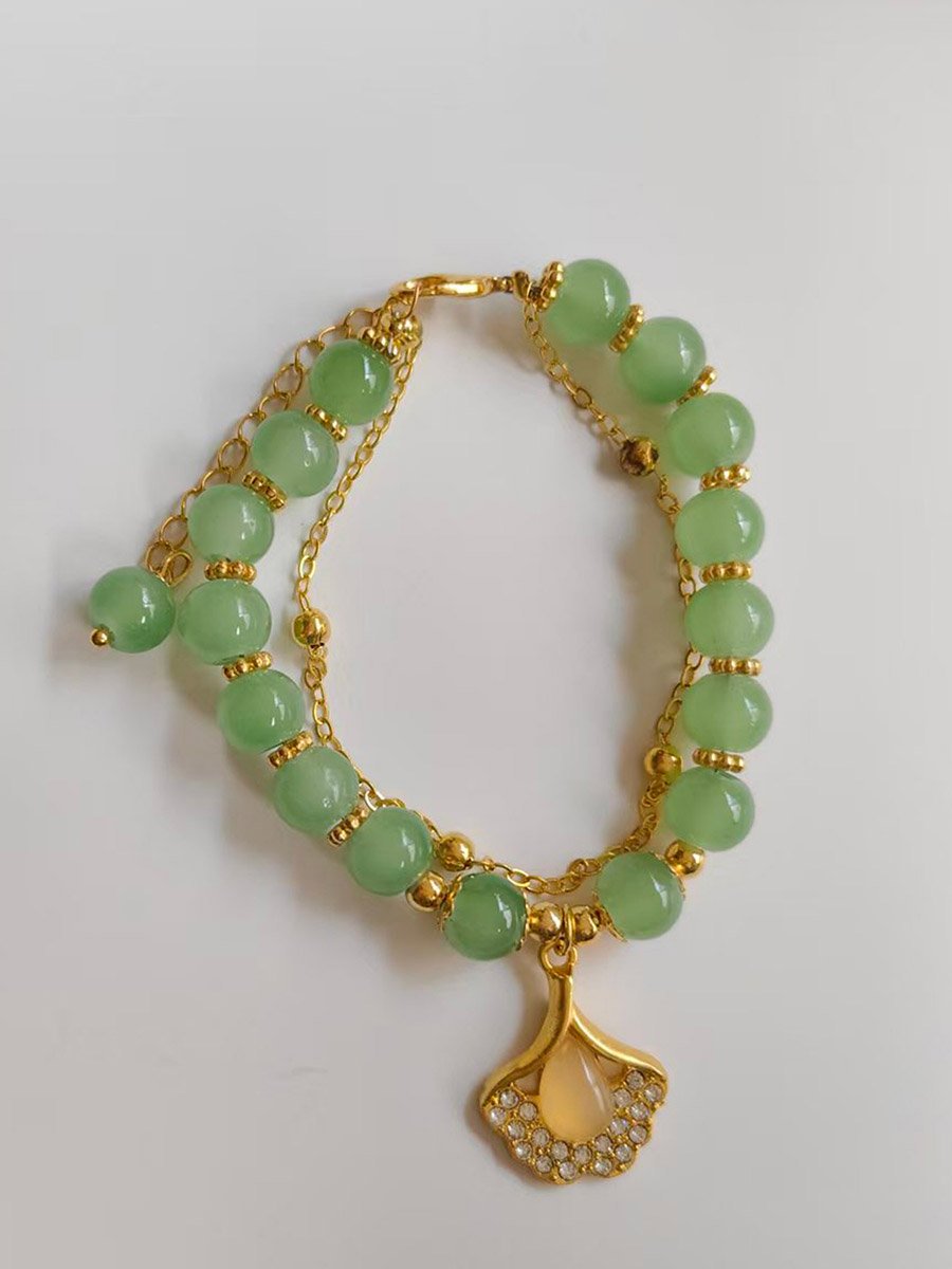 Olive Jade Beaded Bracelet with Gold Charm
