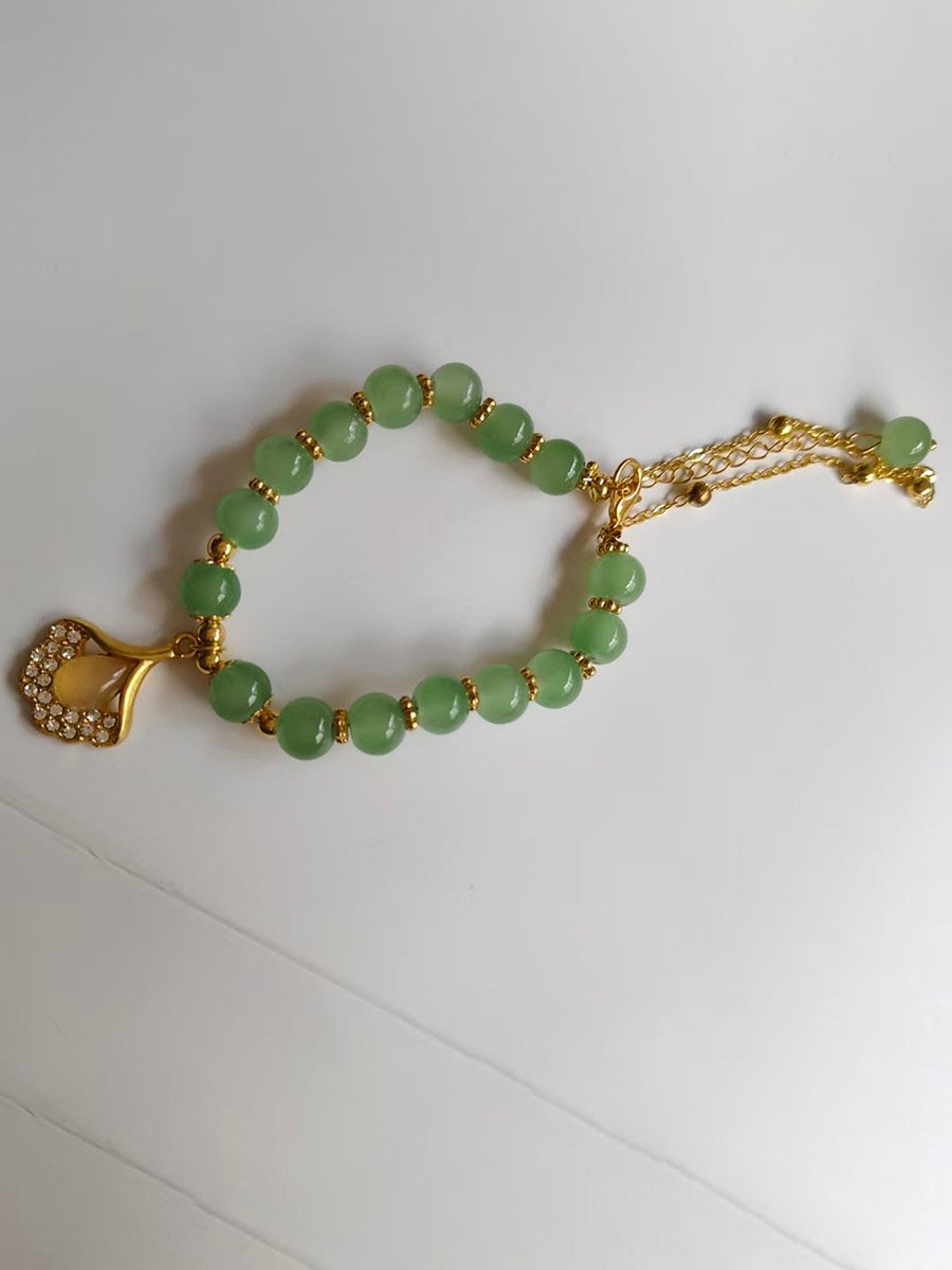 Olive Jade Beaded Bracelet with Gold Charm