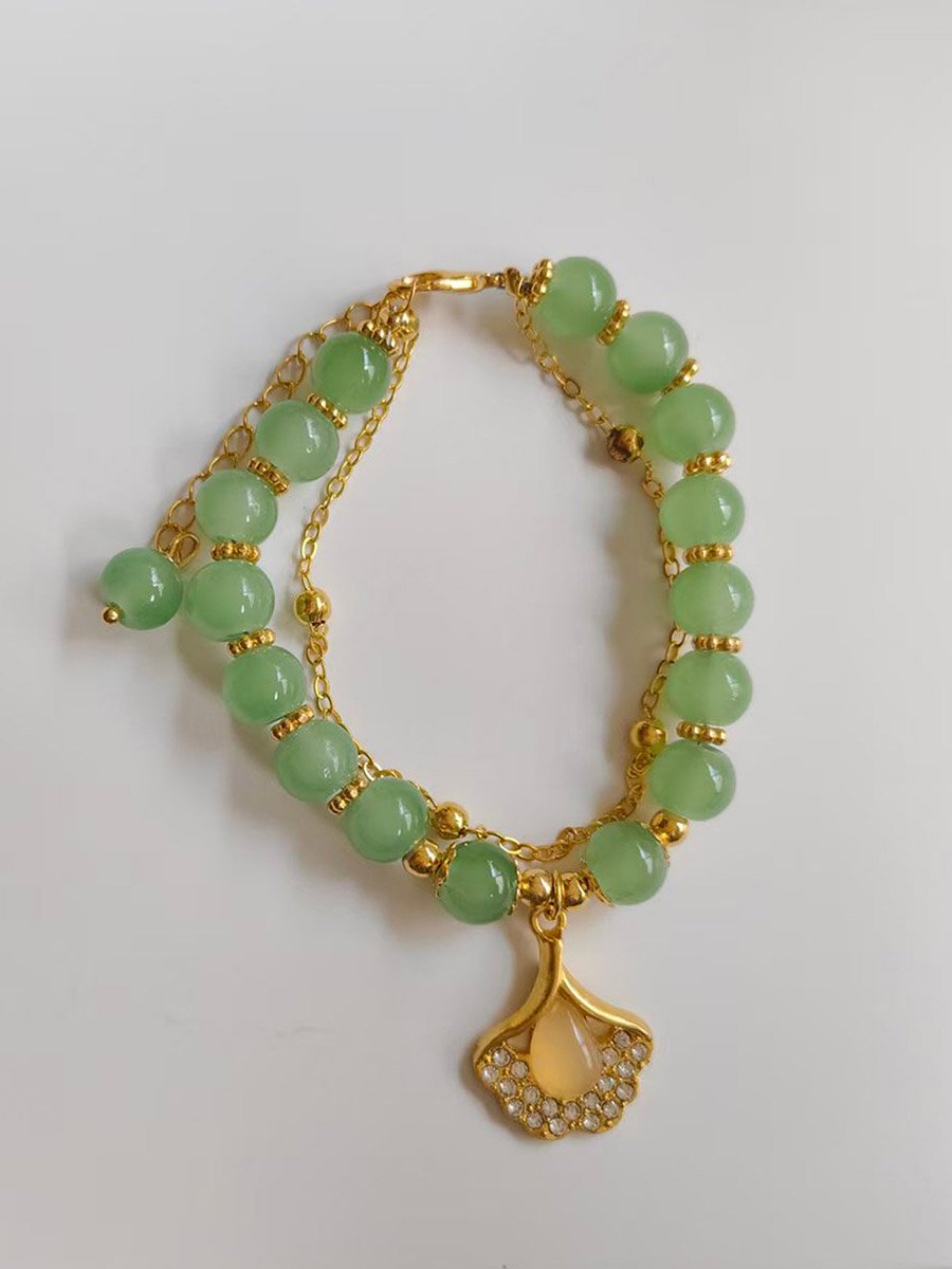 Olive Jade Beaded Bracelet with Gold Charm