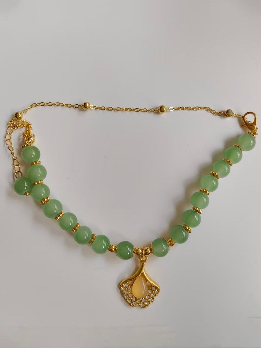 Olive Jade Beaded Bracelet with Gold Charm
