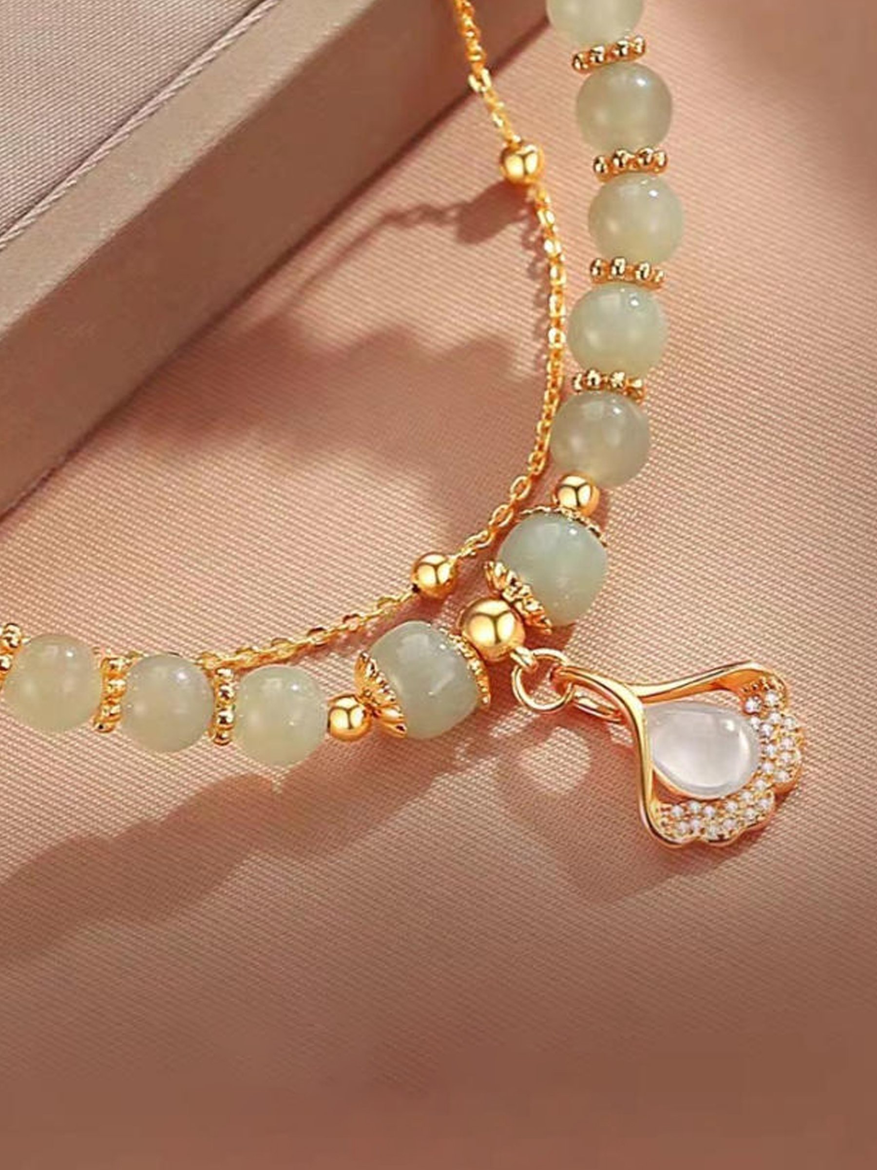 Olive Jade Beaded Bracelet with Gold Charm