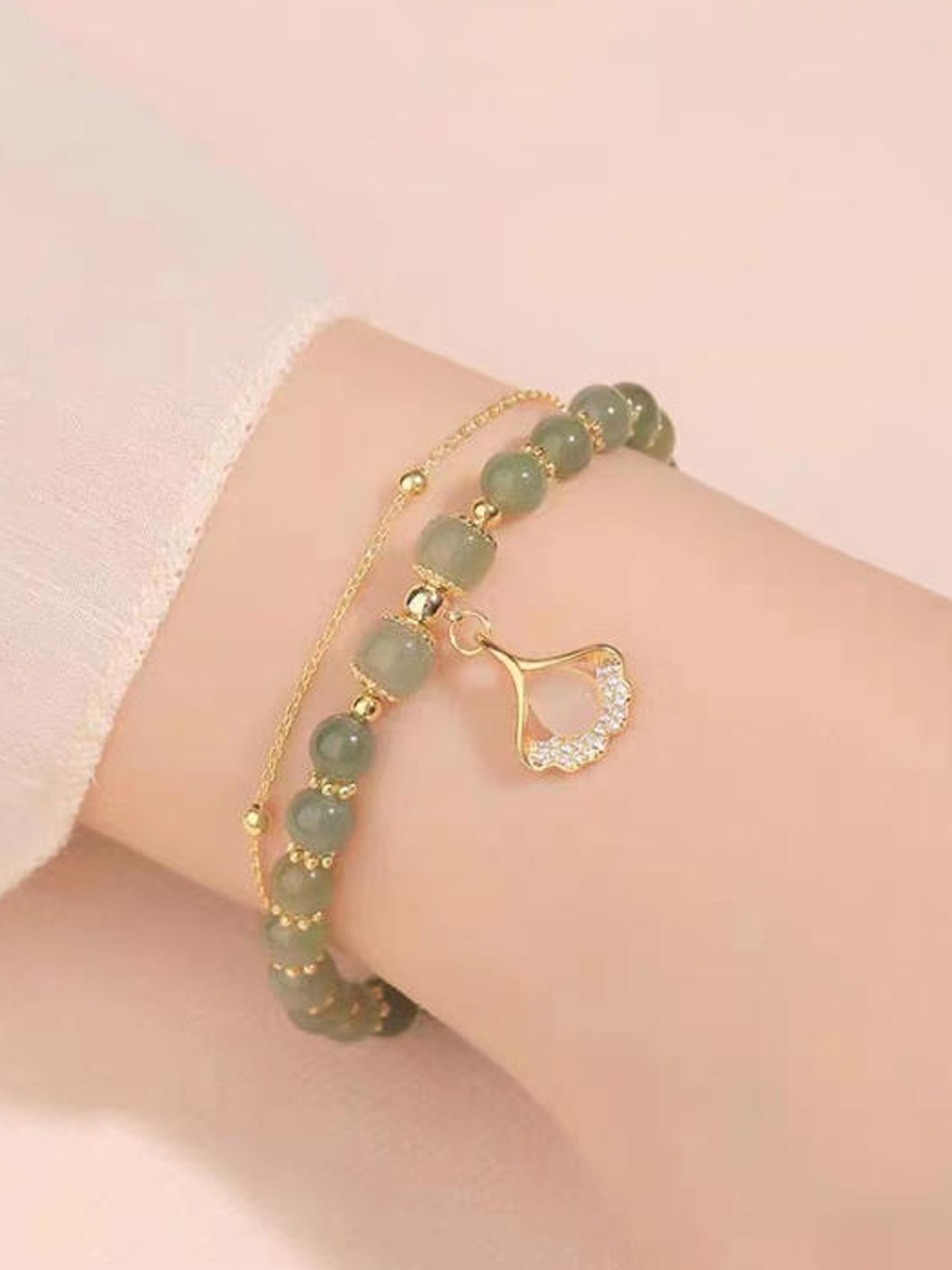 Olive Jade Beaded Bracelet with Gold Charm