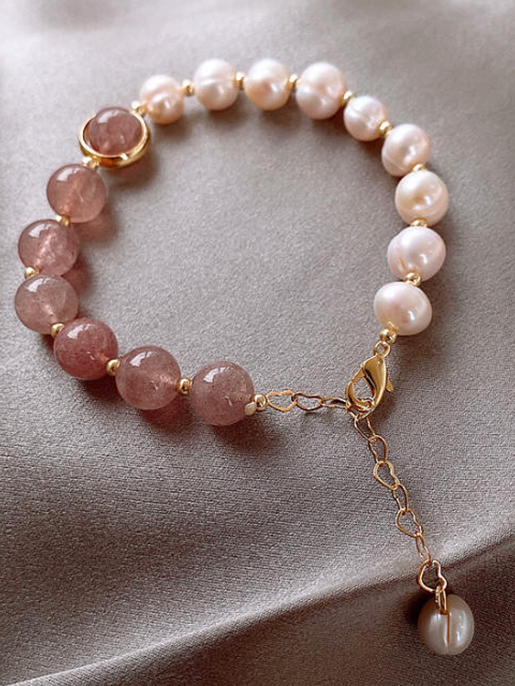 Pearl and Strawberry Quartz Beaded Bracelet