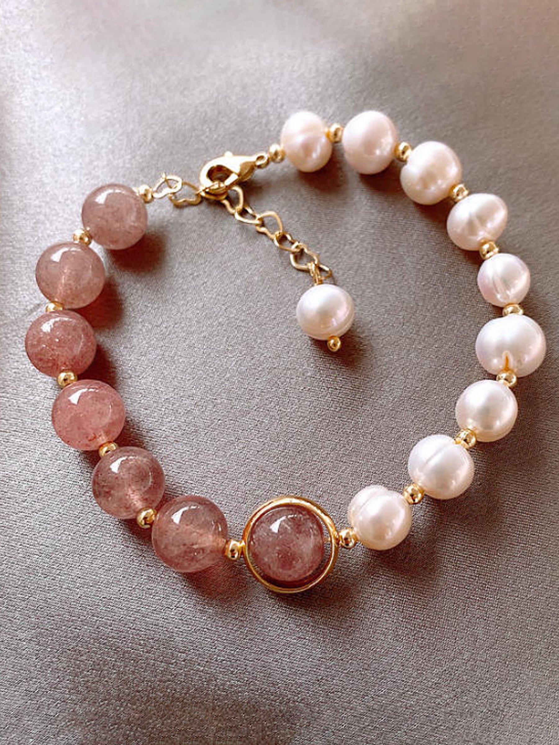 Pearl and Strawberry Quartz Beaded Bracelet