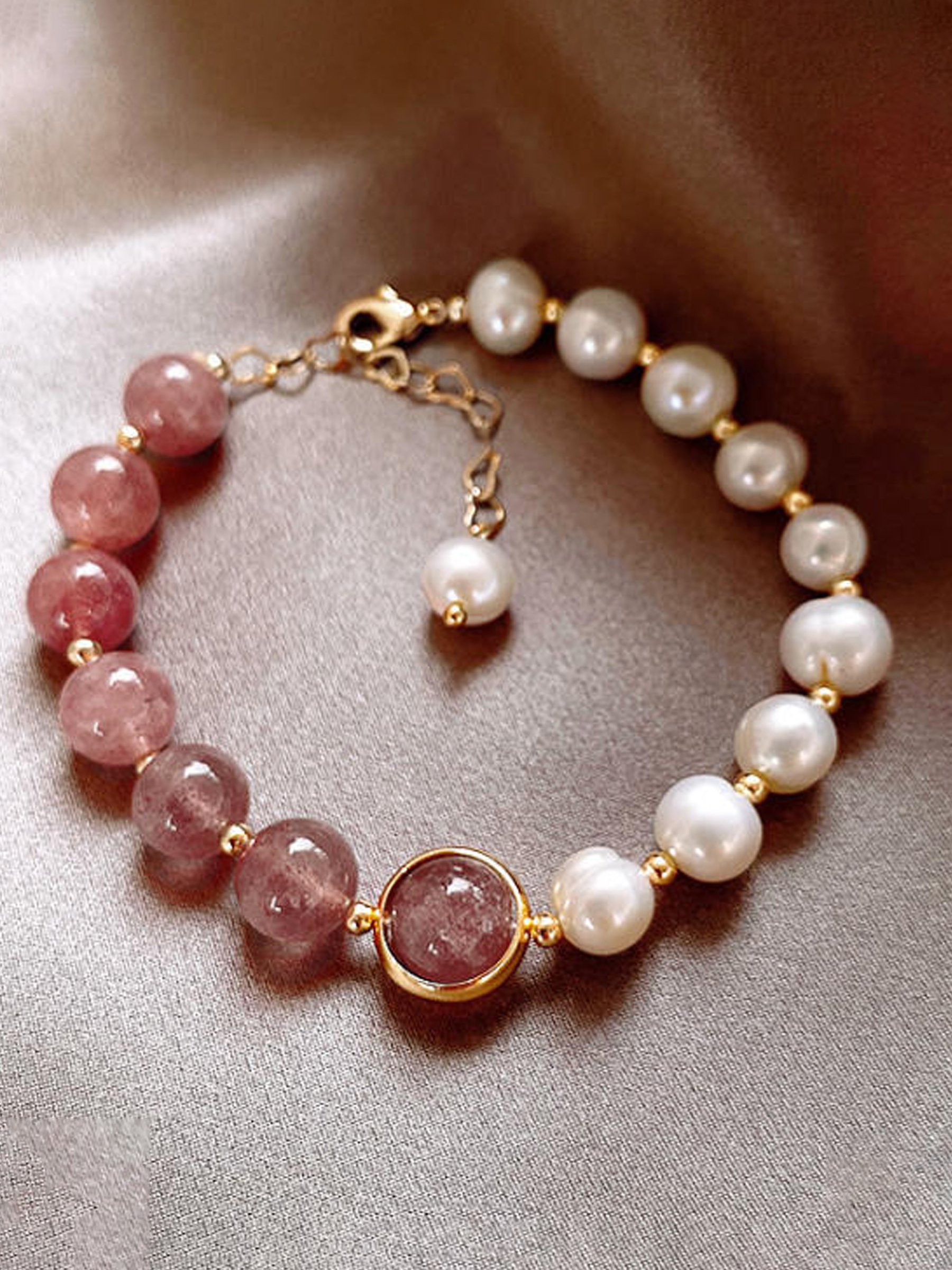 Pearl and Strawberry Quartz Beaded Bracelet