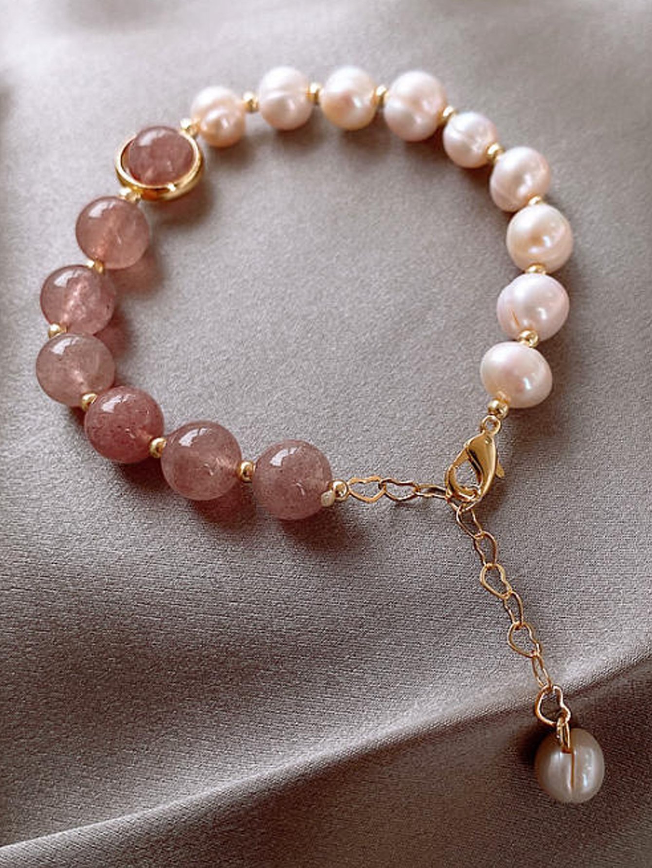 Pearl and Strawberry Quartz Beaded Bracelet