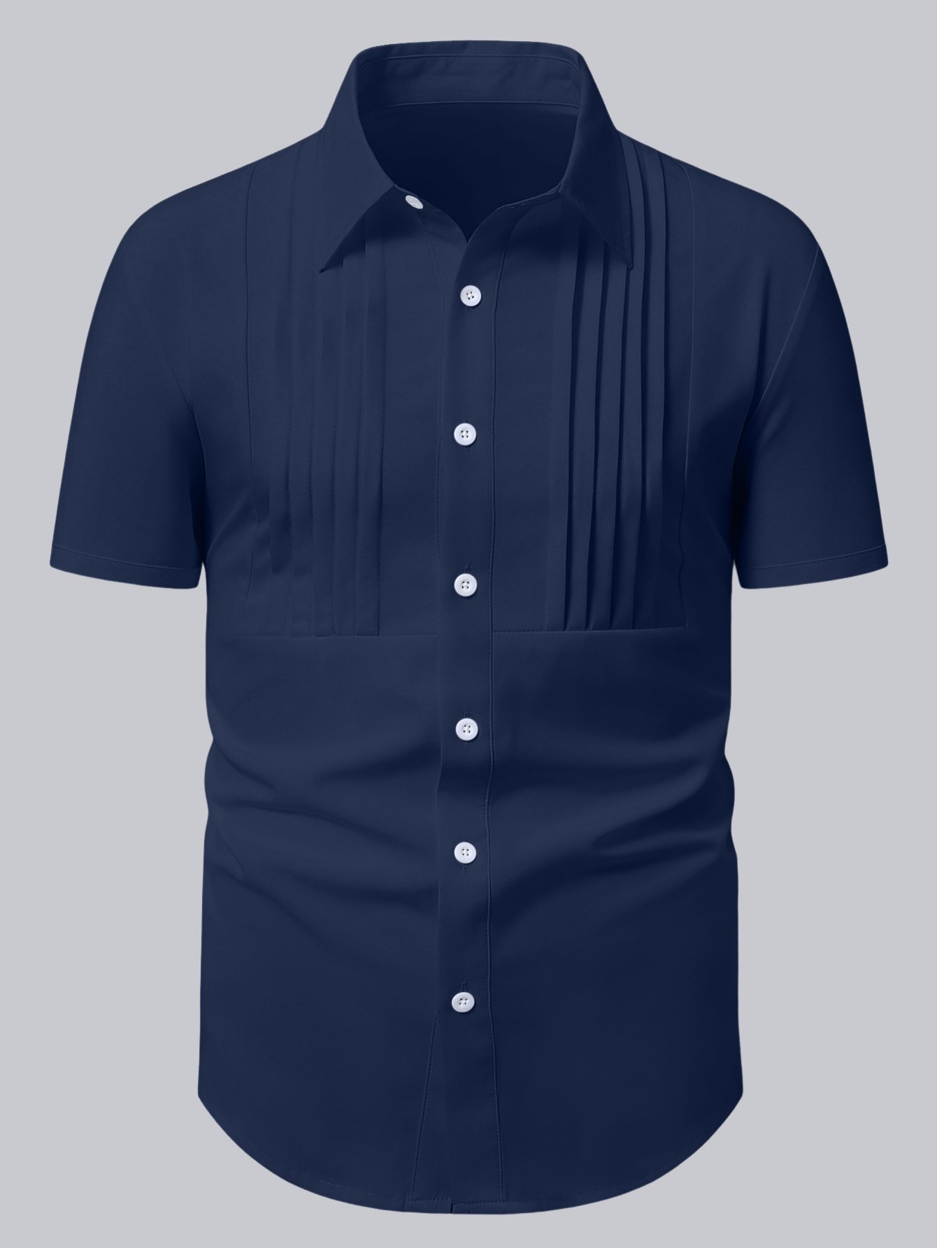 Men Navy Blue Pleated Spread Collar Shirt