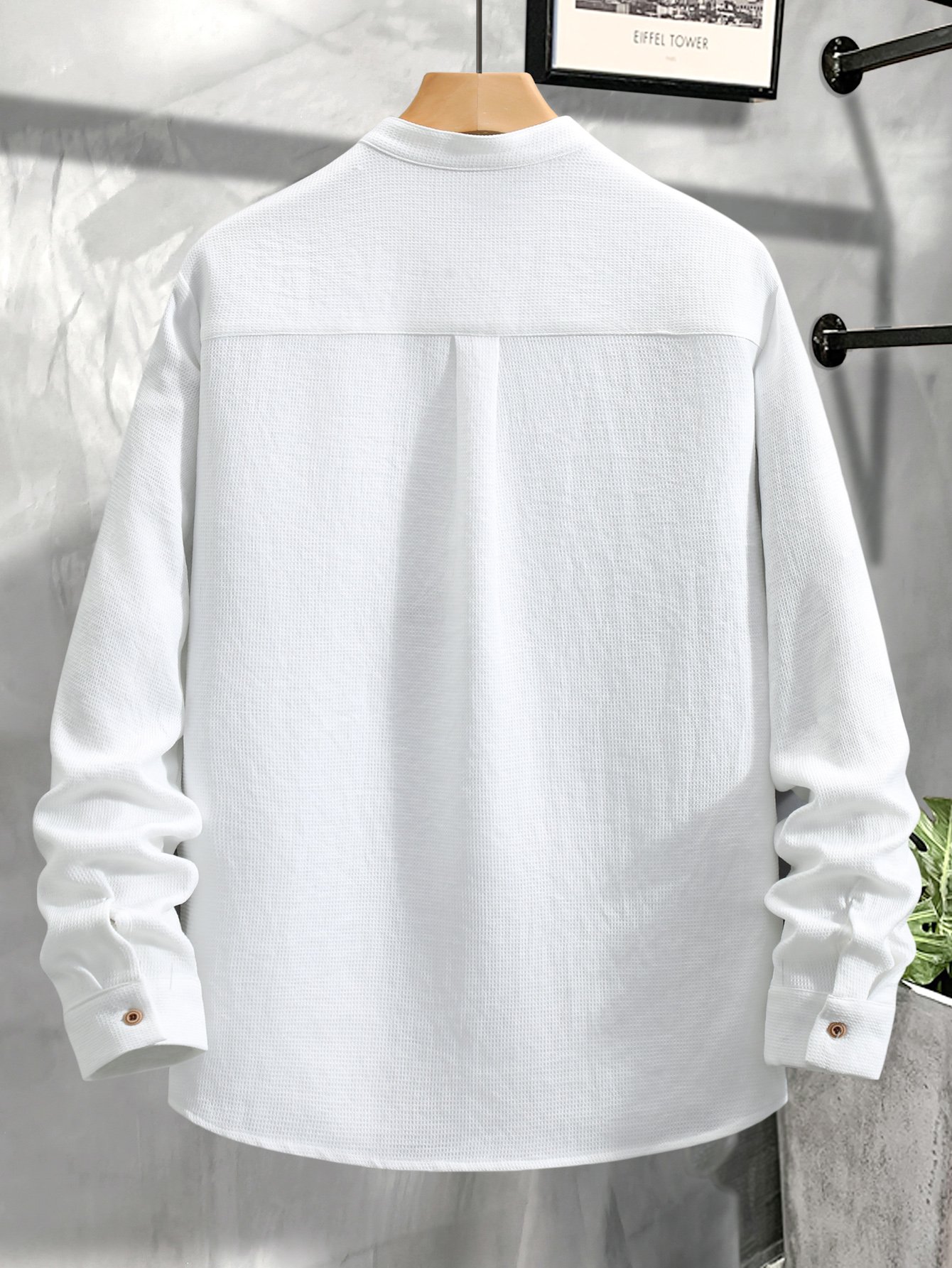 Men White Mandarin Collar Long Sleeve Shirt