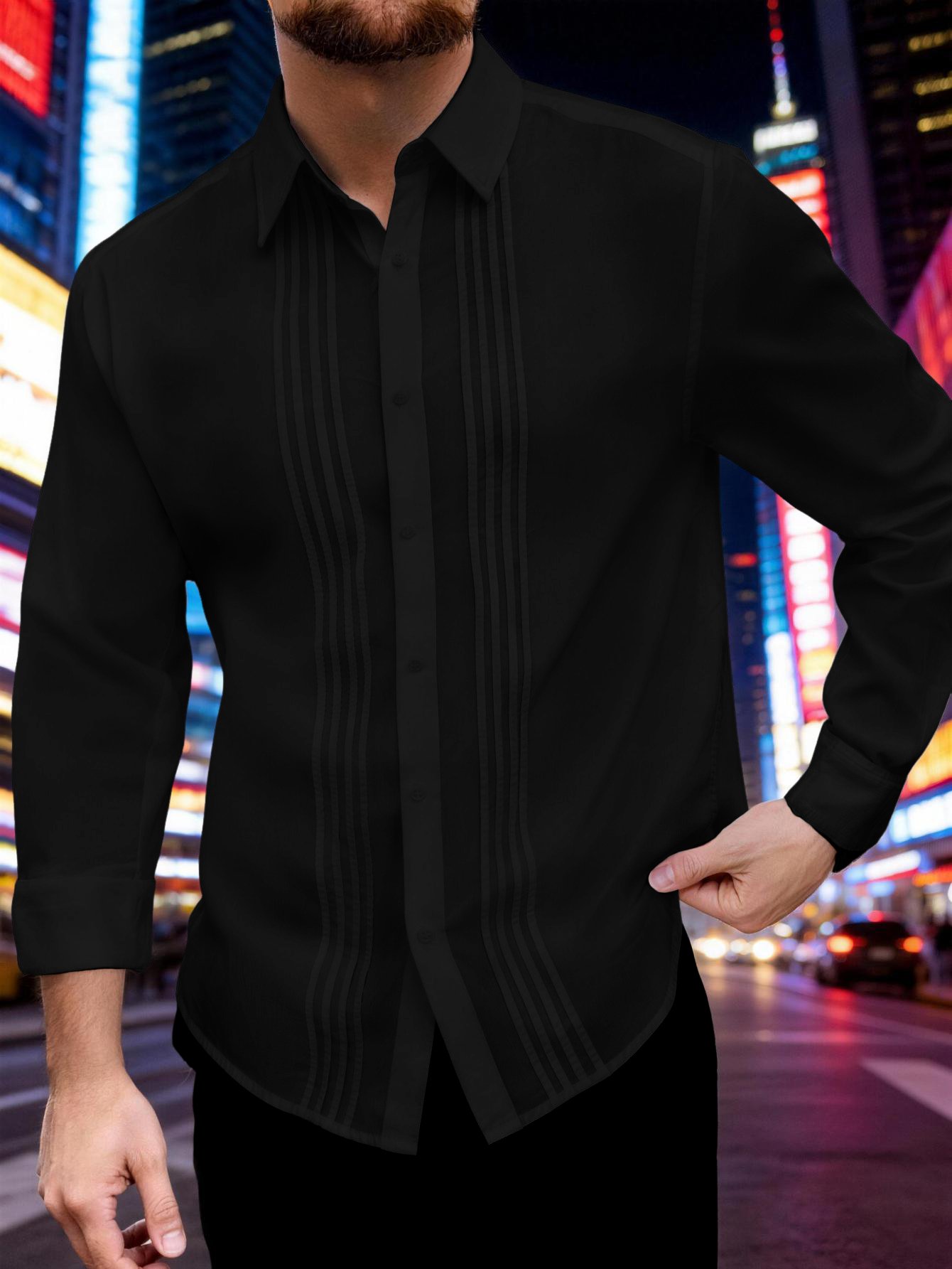 Men Black Pleated Spread Collar Shirt