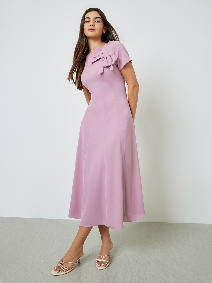 Pink Bow Decor A-Line Midi Dress