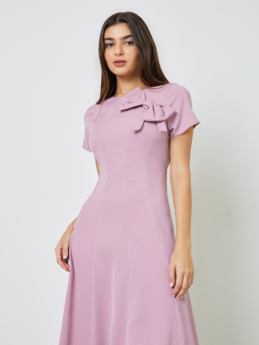 Pink Bow Decor A-Line Midi Dress