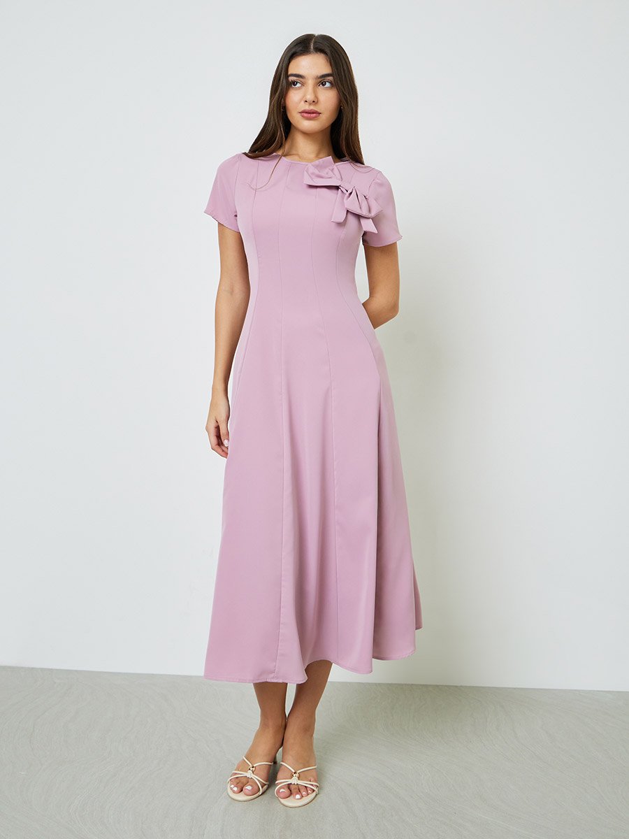 Pink Bow Decor A-Line Midi Dress