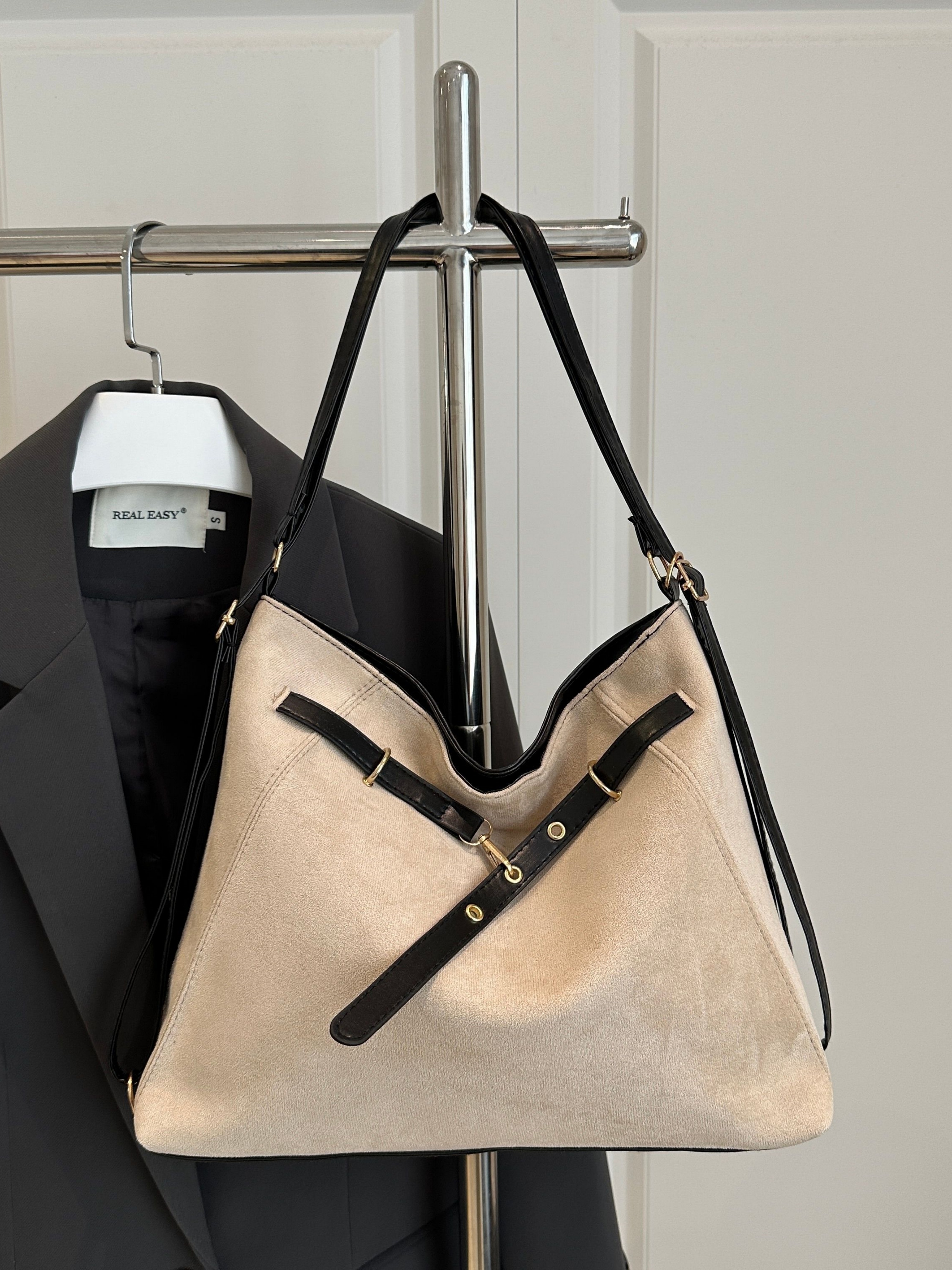 Beige Shoulder Bag with Belt Strap Detail