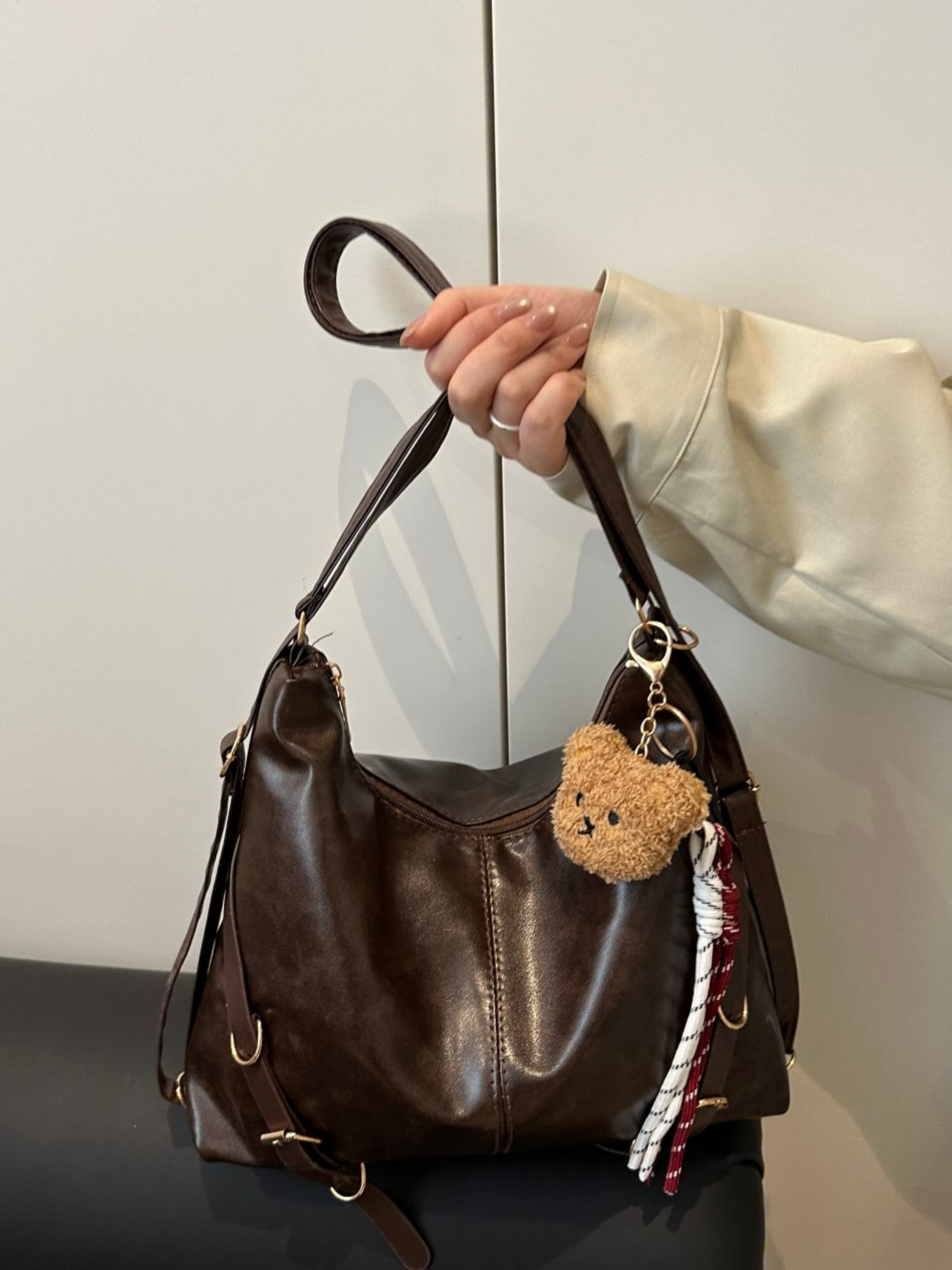 Coffee Brown Faux Leather Shoulder Bag