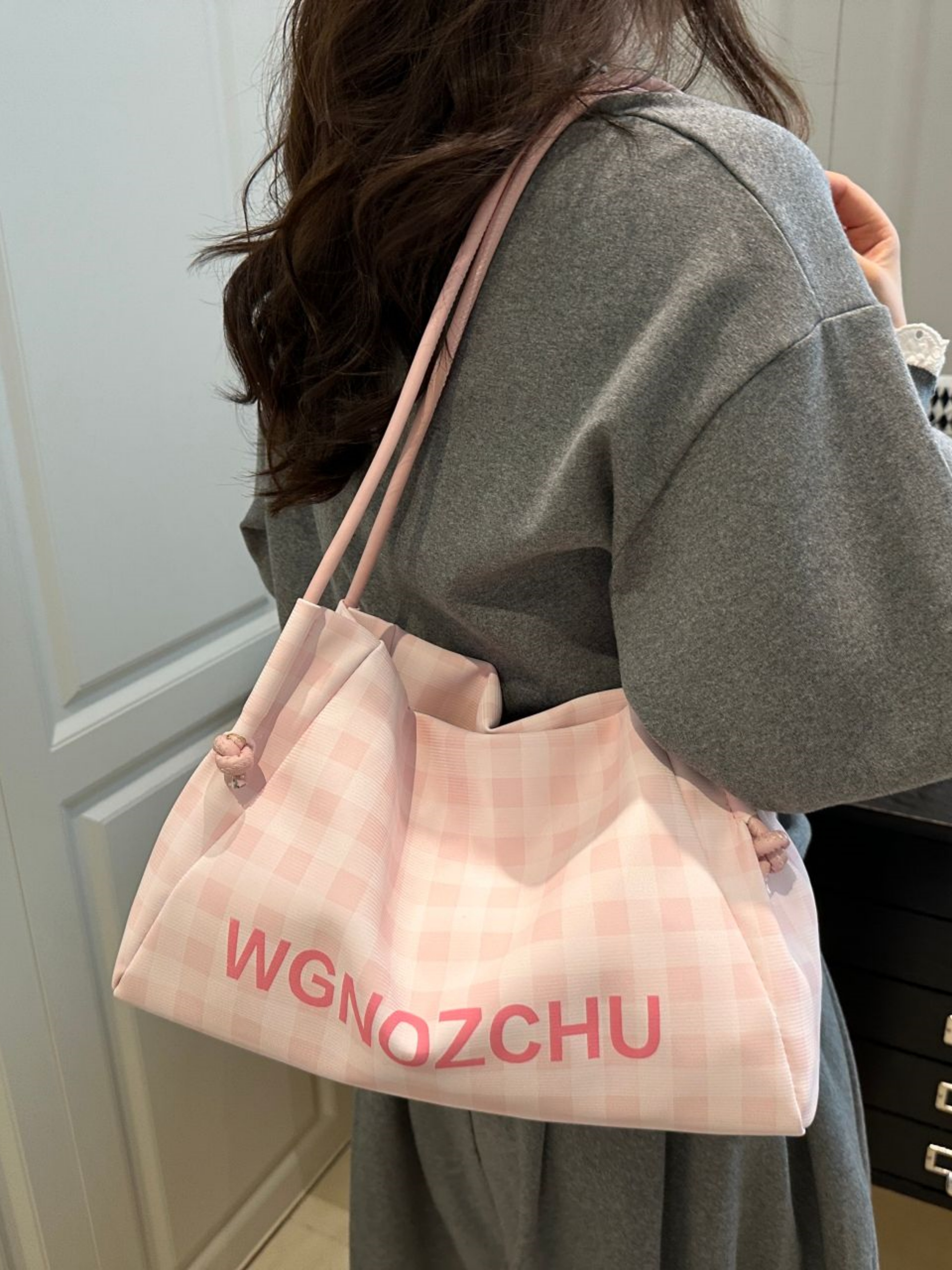 Pink Checkered Shoulder Bag