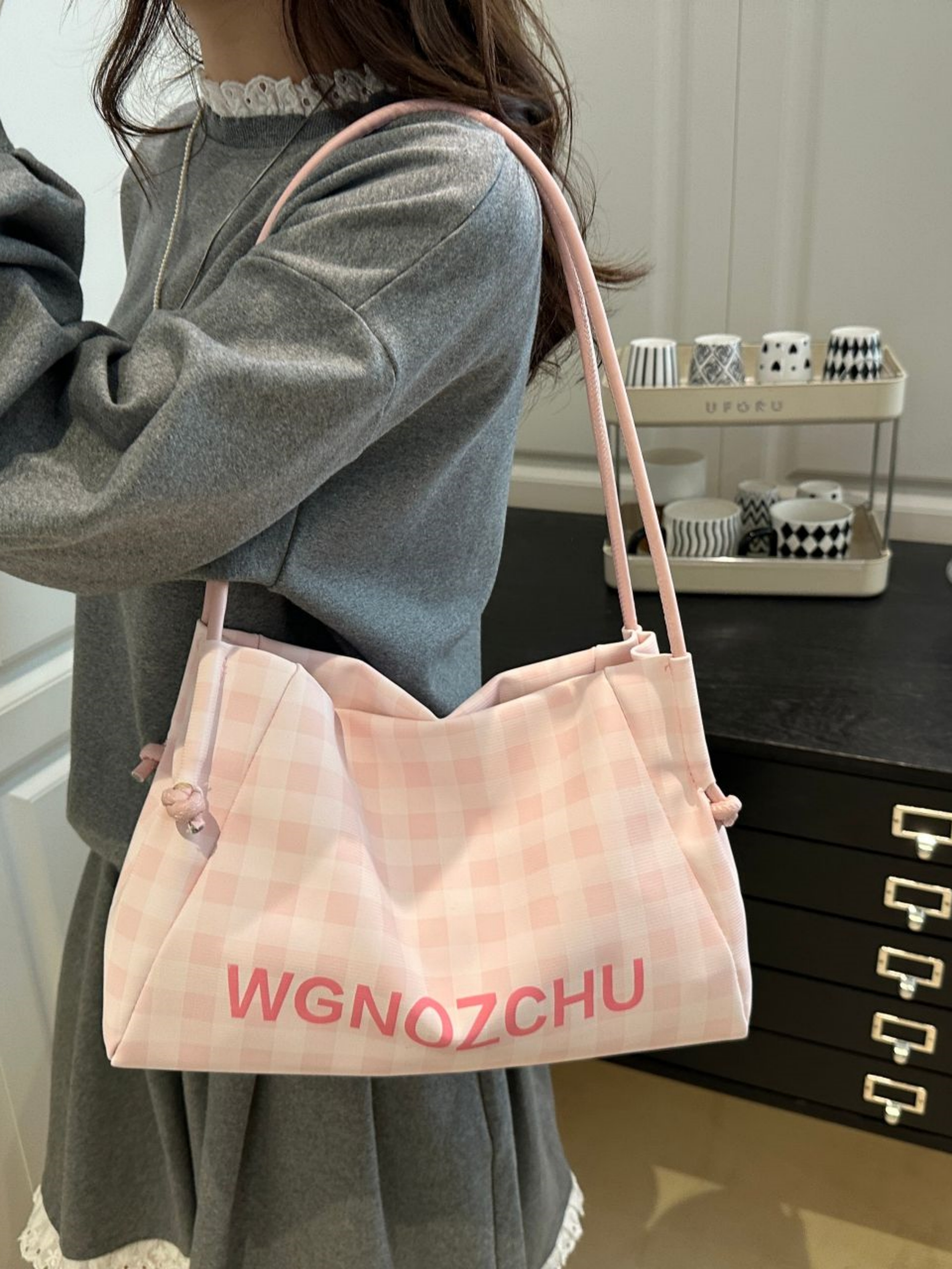 Pink Checkered Shoulder Bag