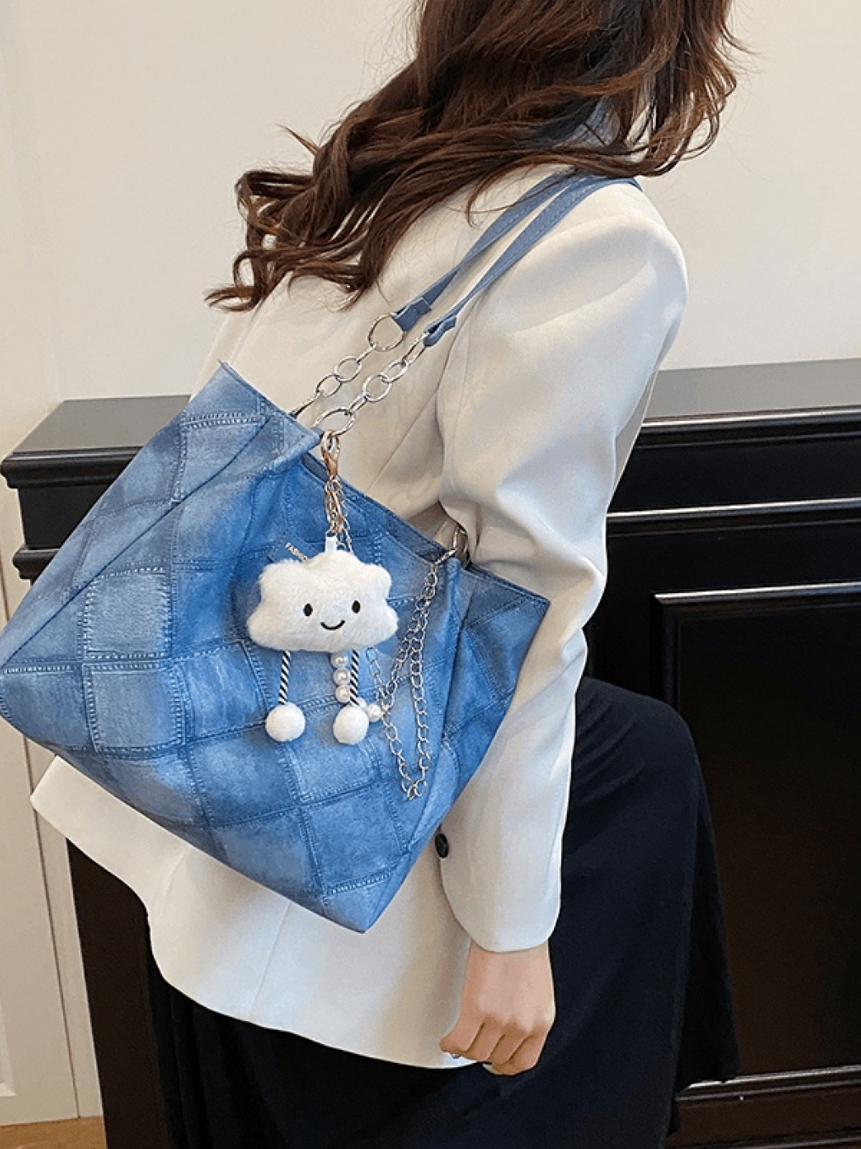 Blue Denim Quilted Shoulder Bag