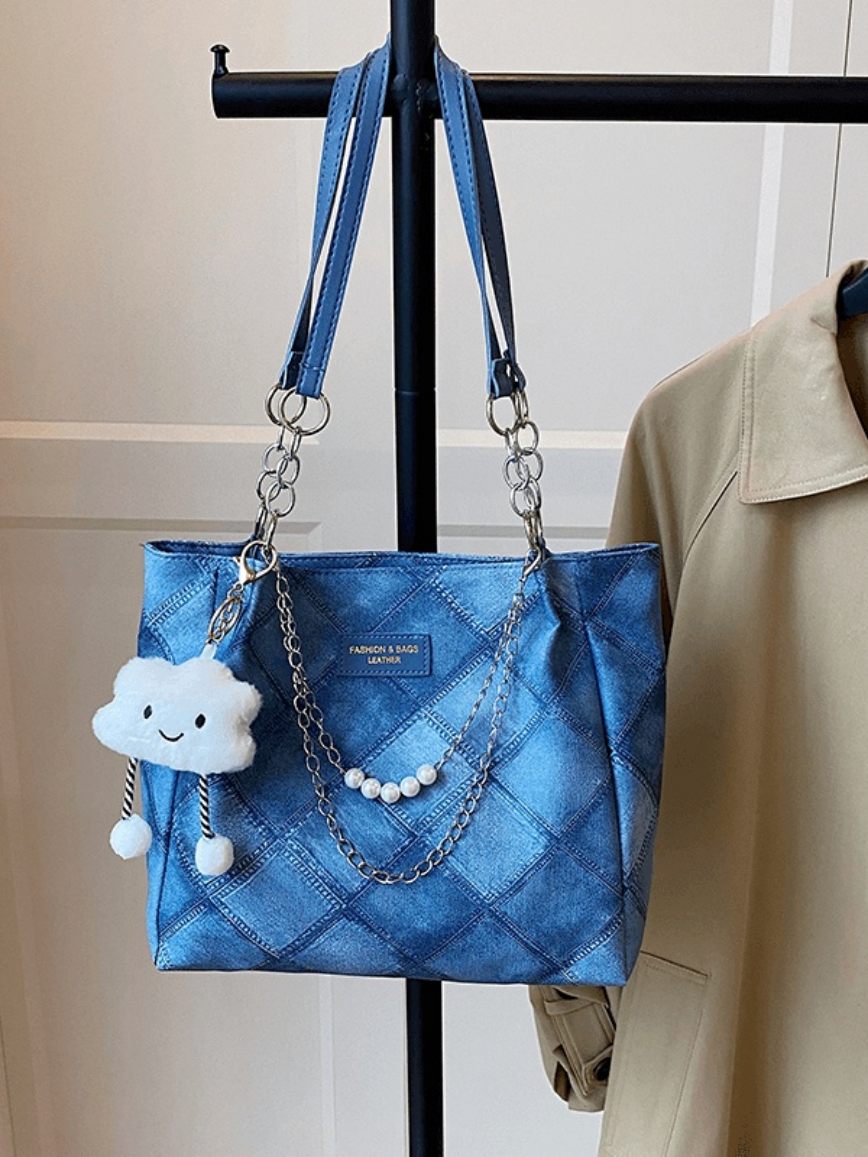 Blue Denim Quilted Shoulder Bag