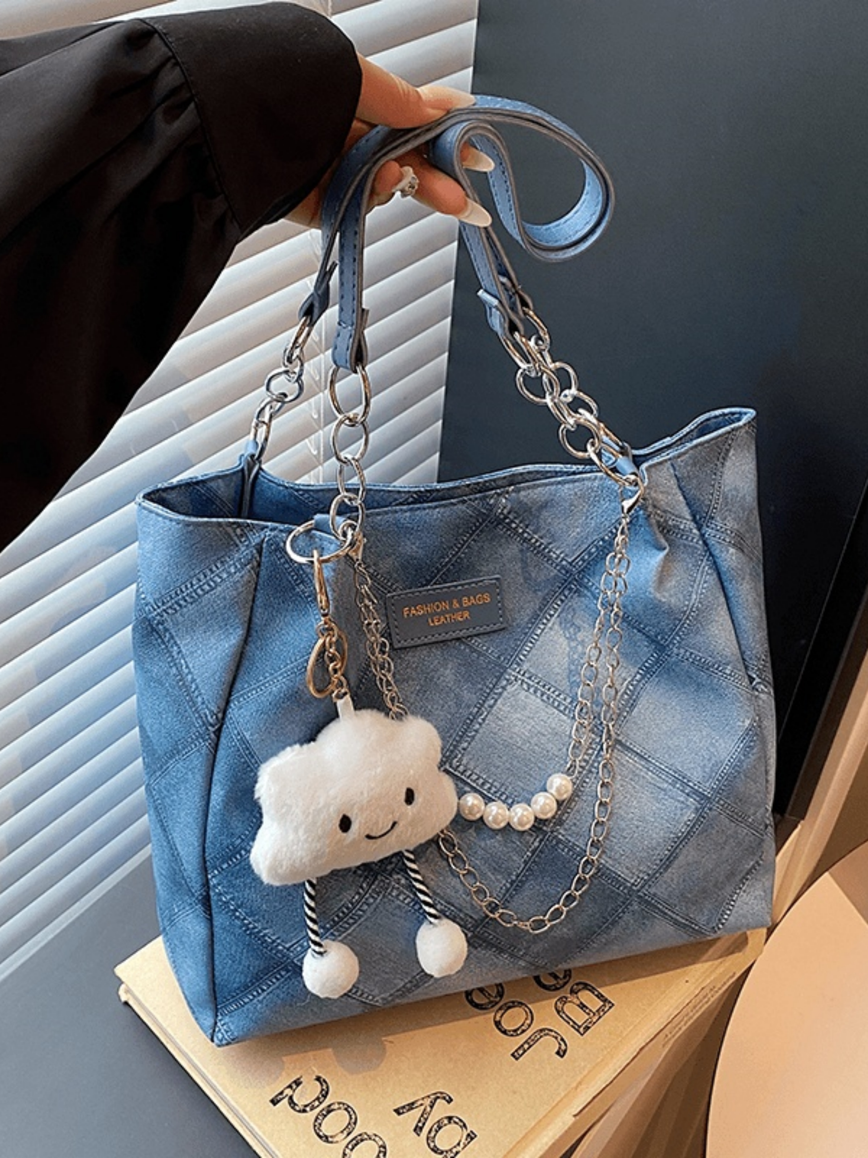 Blue Denim Quilted Shoulder Bag