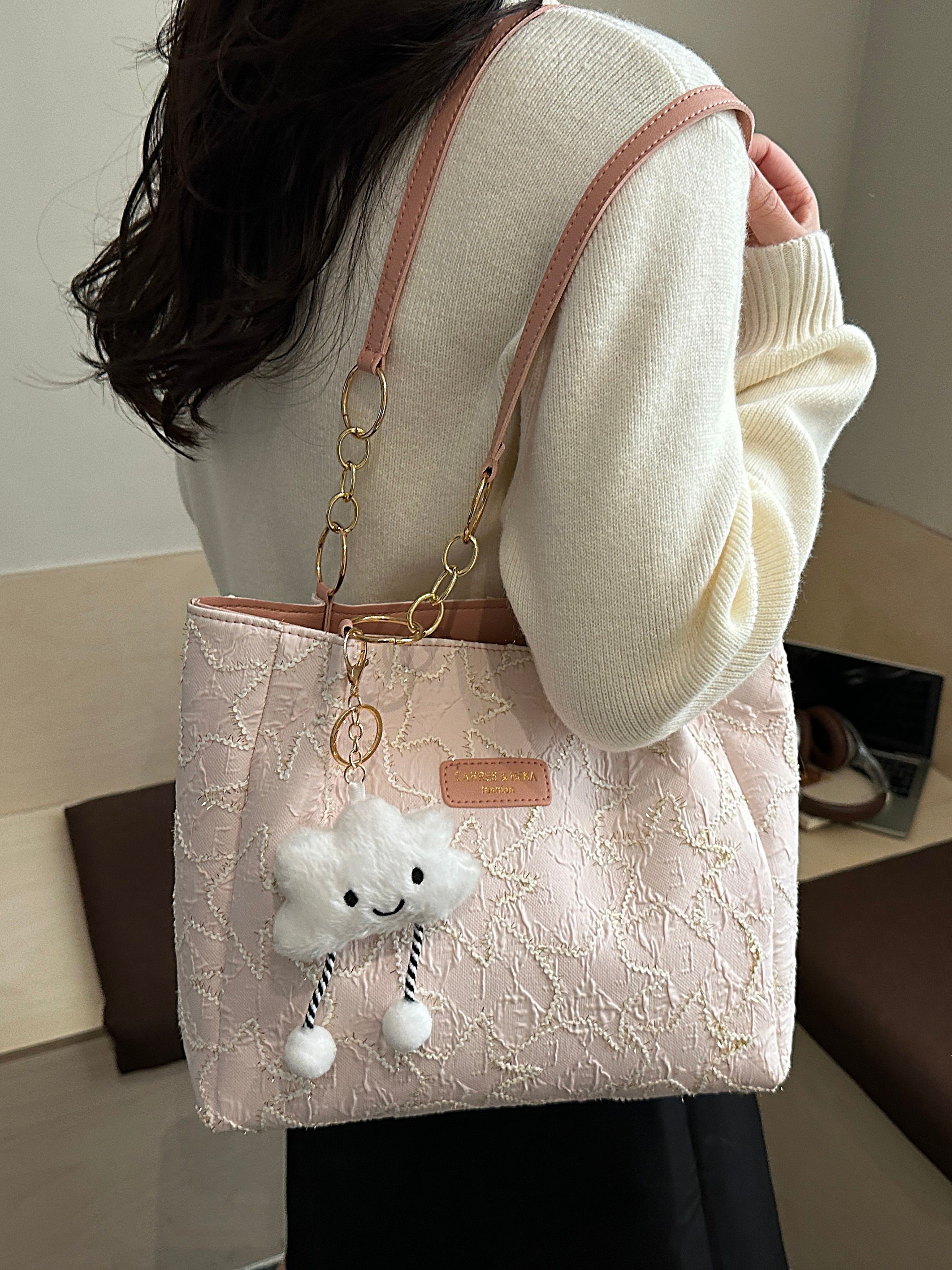 Pink Embroidered Shoulder Bag with Cloud Charm