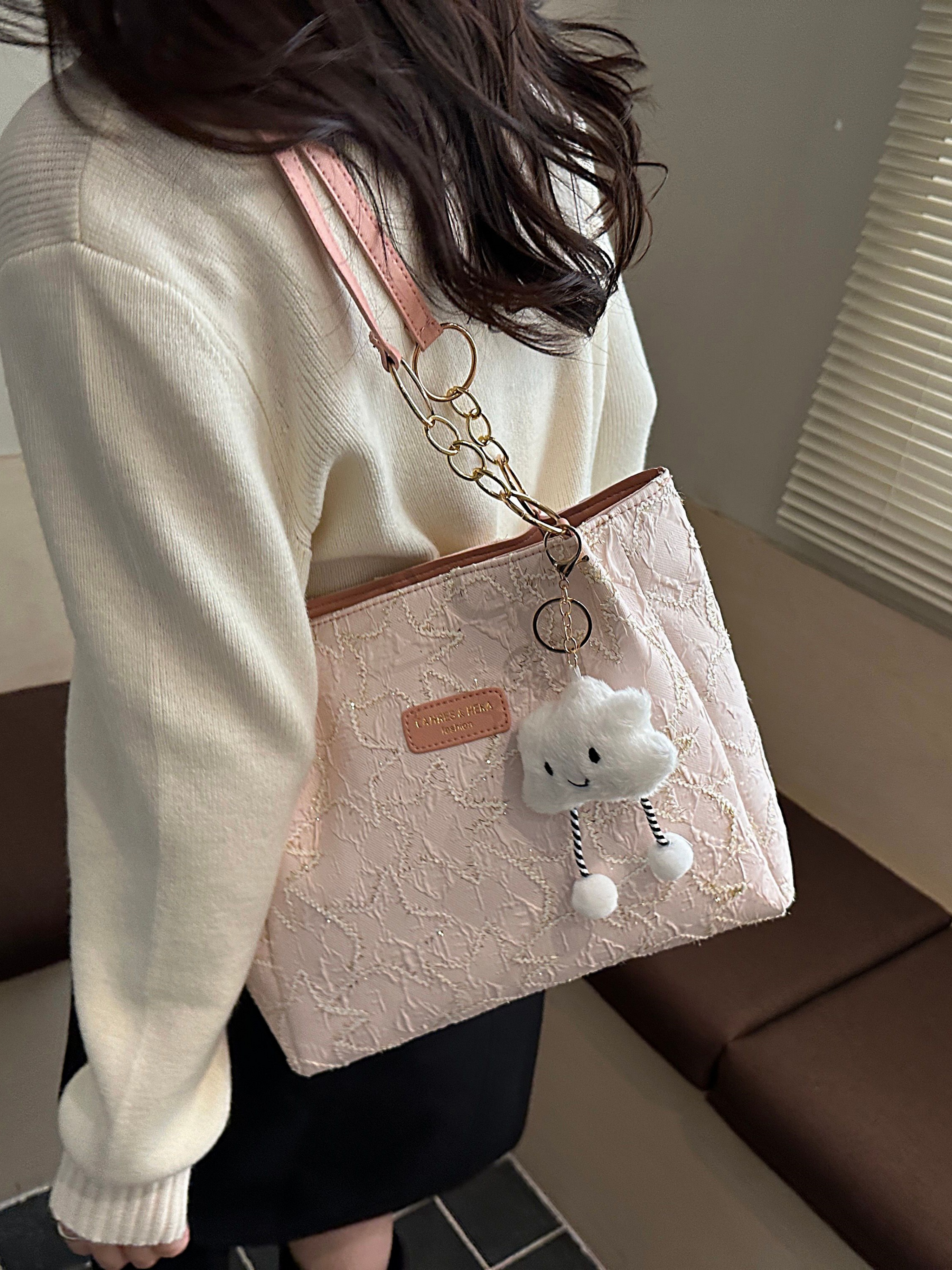 Pink Embroidered Shoulder Bag with Cloud Charm