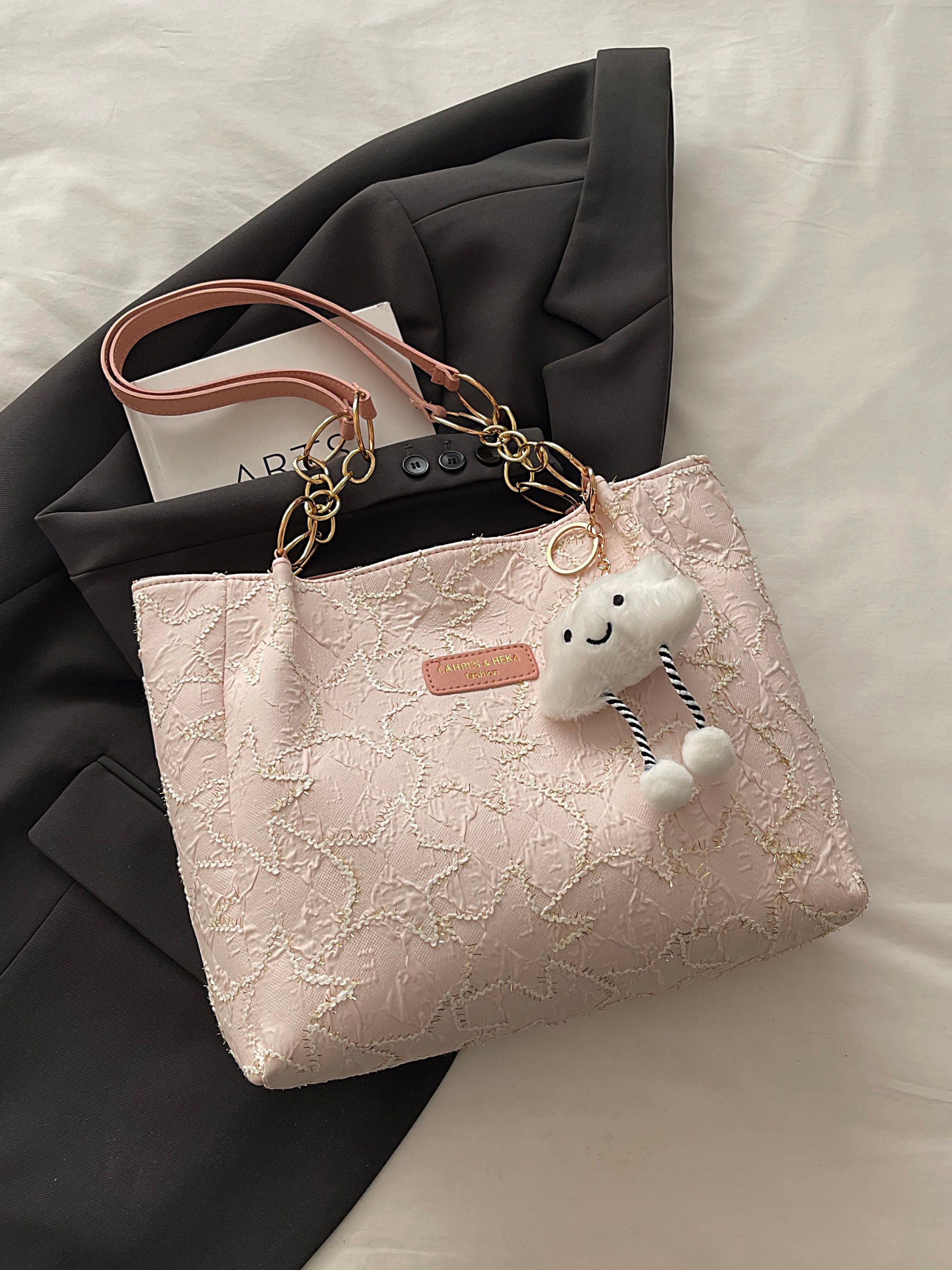 Pink Embroidered Shoulder Bag with Cloud Charm