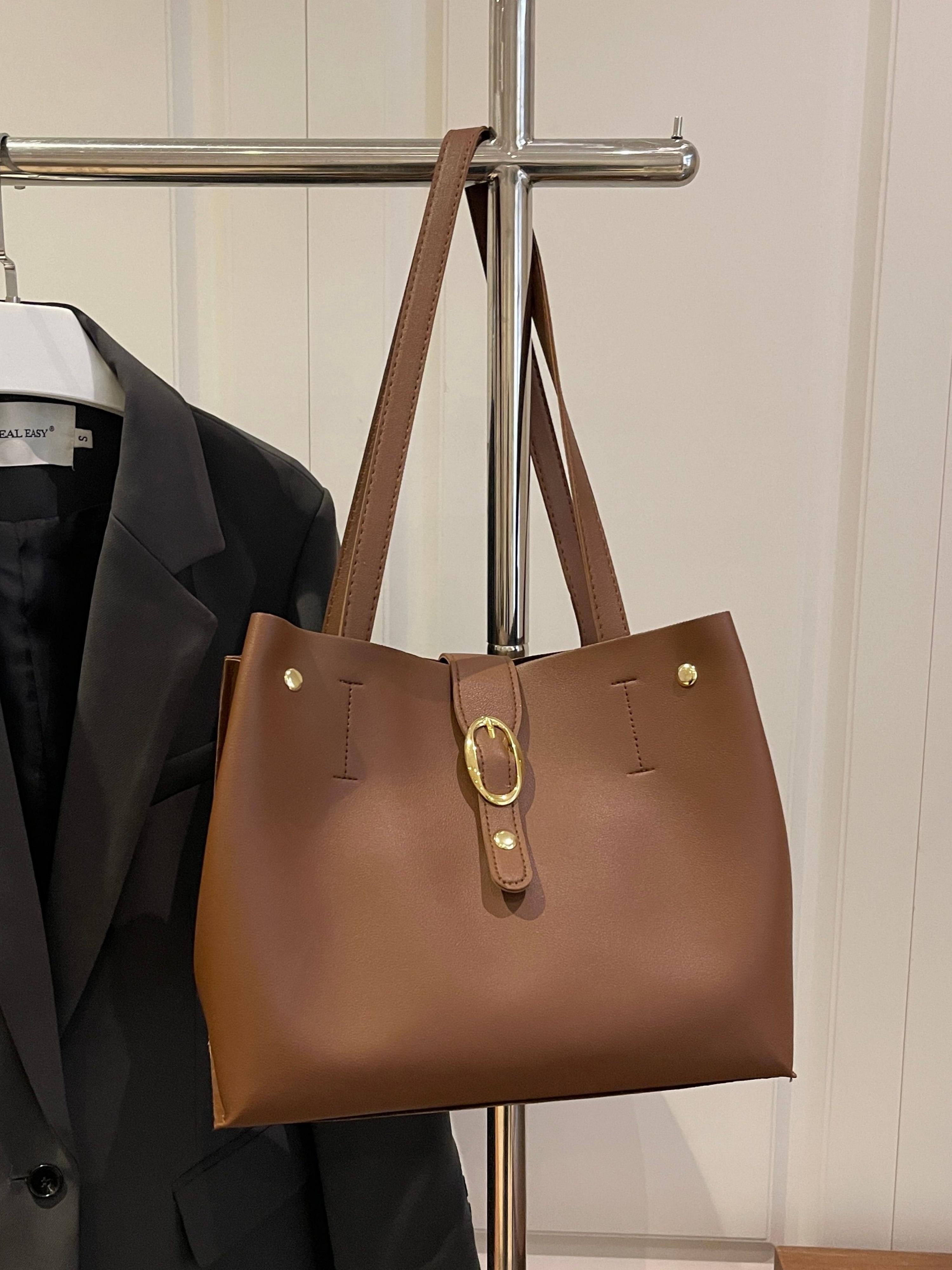 Coffee Brown Shoulder Bag with Buckle Detail