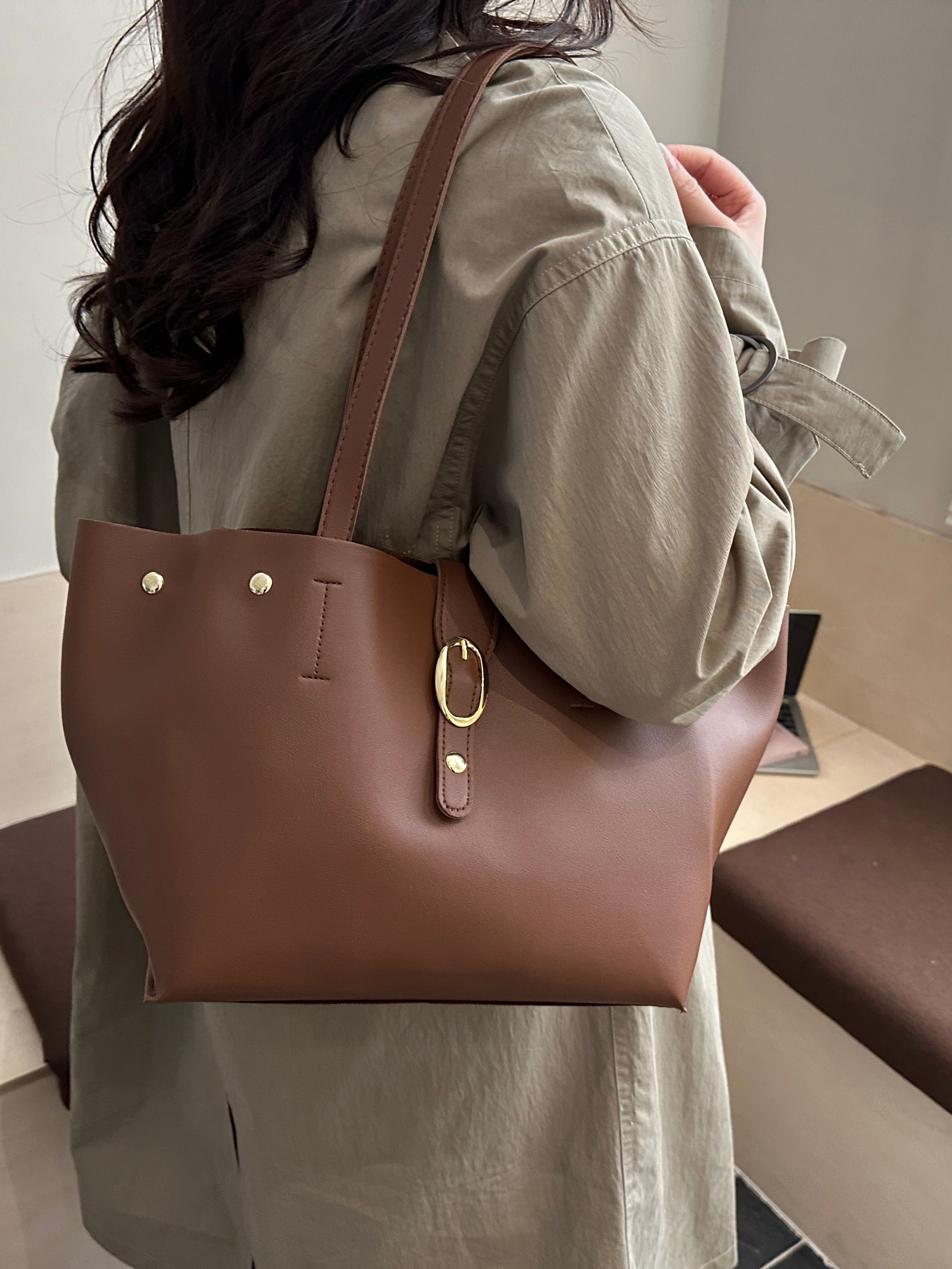 Coffee Brown Shoulder Bag with Buckle Detail